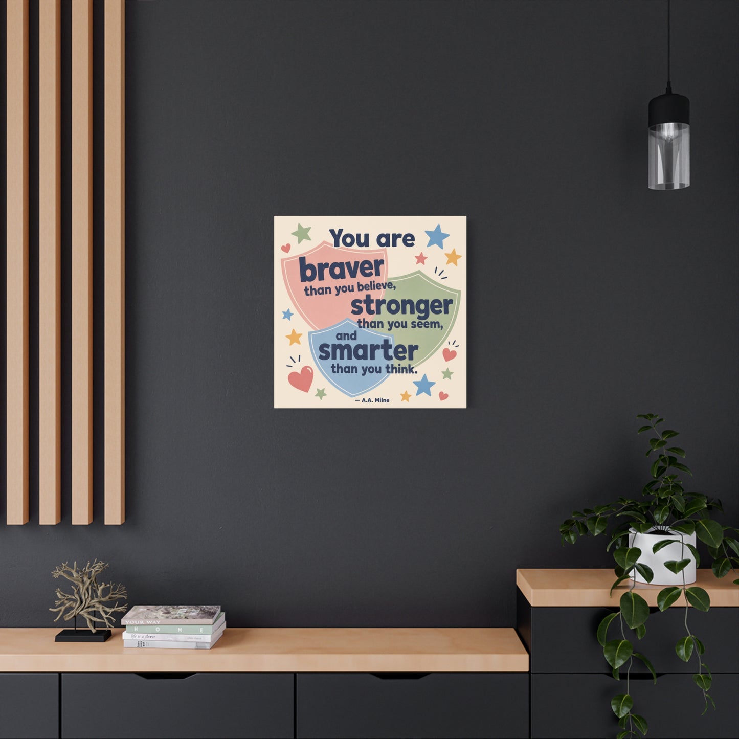 "You Are Braver, Stronger, Smarter" Quote Canvas Wall Art - Kids Inspirational Typography Print, Pastel Shield Stars Hearts Design - Nursery Bedroom Classroom Decor - Office Wall Art - Ready to Hang