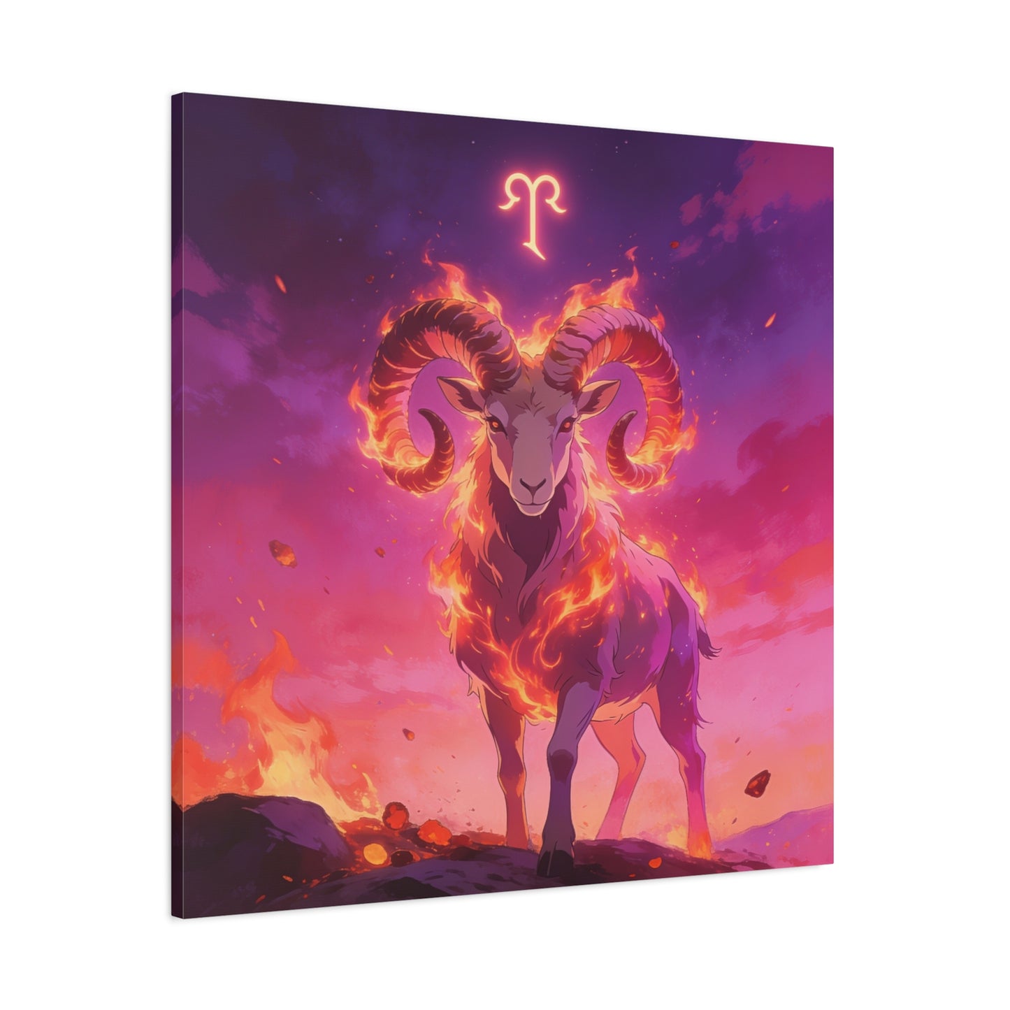 Aries Ram Canvas Wall Art - Fiery Zodiac Illustration, Purple Pink Flame Sky, Matte Canvas Print, Modern Fantasy Style, Bedroom Wall Decor, Home Office Accent, Statement Piece For Astrology Lovers