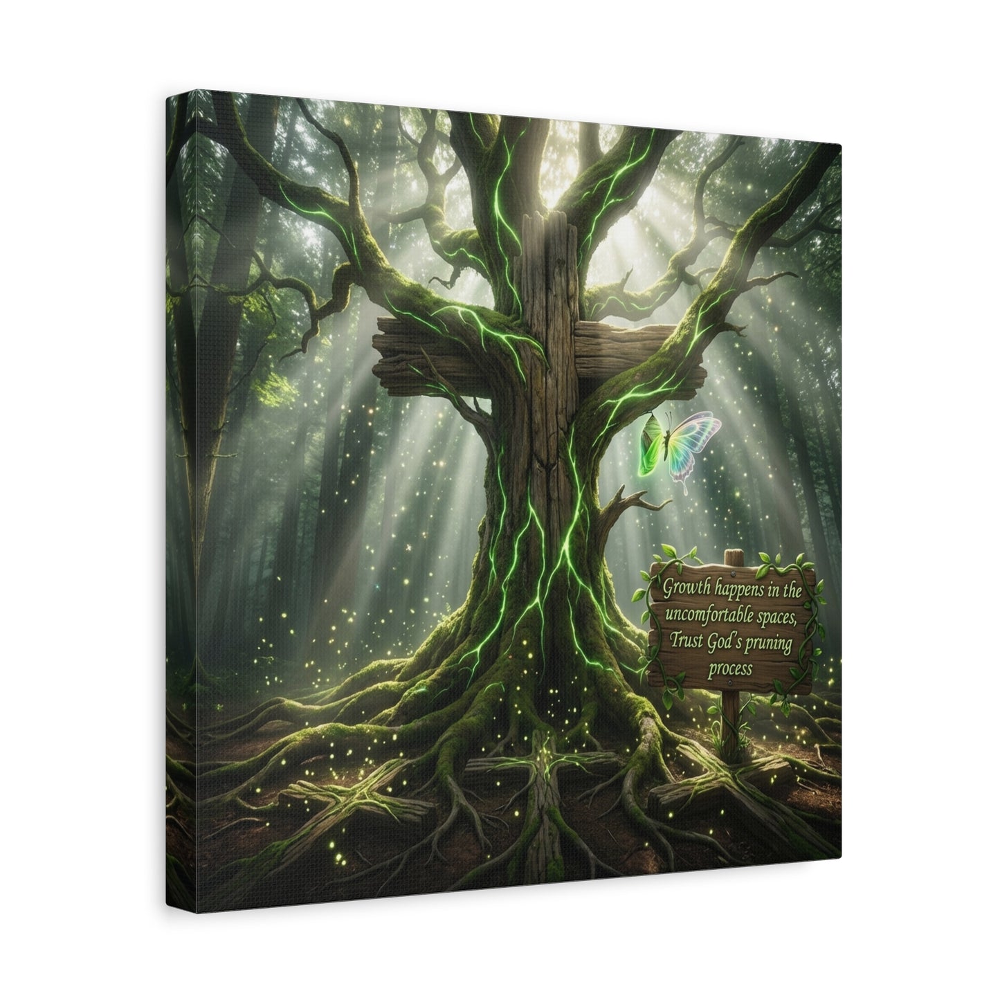 "Growth Happens In The Uncomfortable Spaces, Trust God's Pruning Process" Christian Canvas Wall Art - Forest Tree Cross, Butterfly - Inspirational Rustic Decor - Living Room Wall Decor - Ready to Hang
