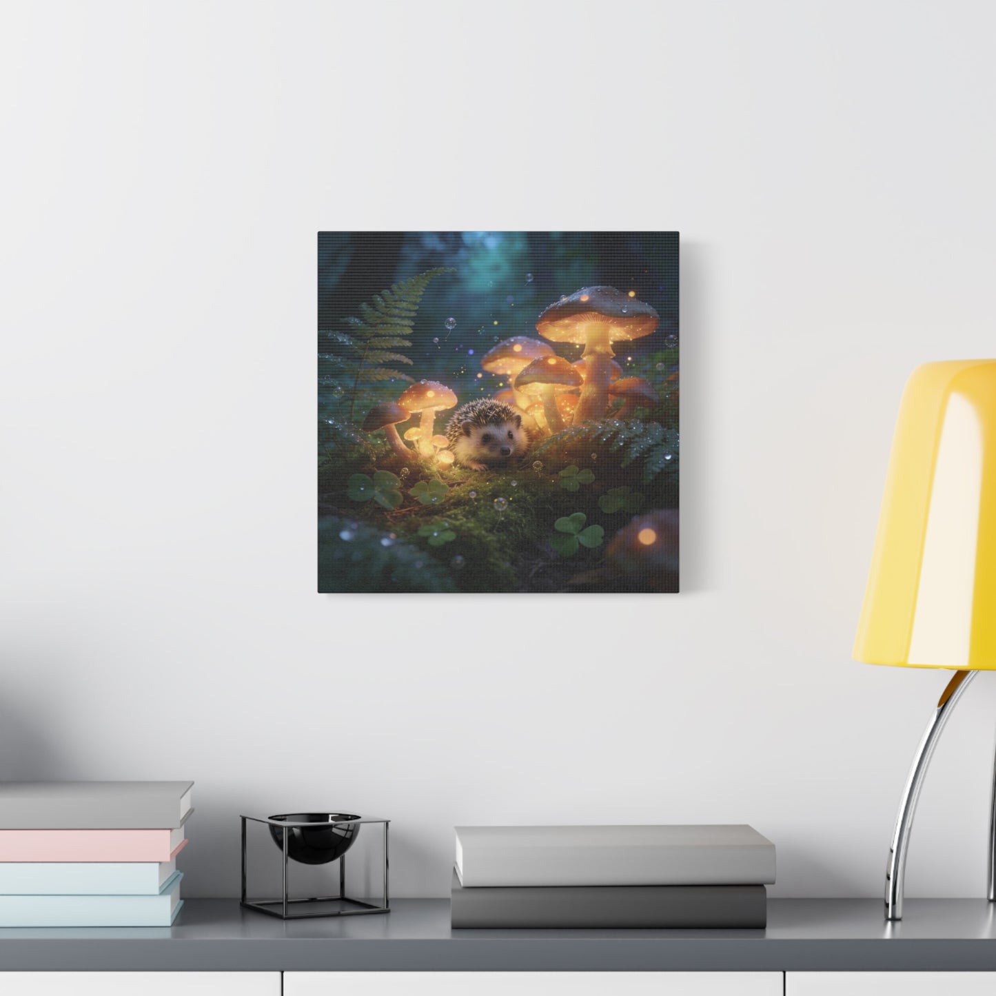 Hedgehog Mushroom Canvas Wall Art - Glowing Forest Fantasy Animal Print - Matte Cotton Art Print, Whimsical Woodland Style - Bedroom Wall Decor, Nursery Home Decoration Accent - Modern Farmhouse Style
