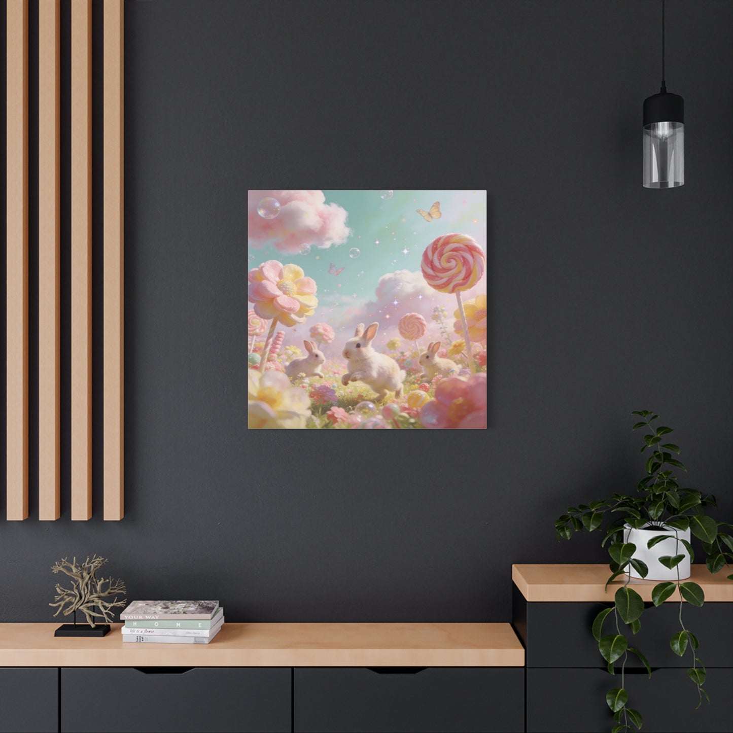 Bunny Candyland Canvas Wall Art - Pastel Rabbit Meadow, Lollipop Flowers, Dreamy Nursery Wall Decor - Whimsical Illustration - Bedroom Home Decoration, Kids Room Accent - Bedroom Home Decoration