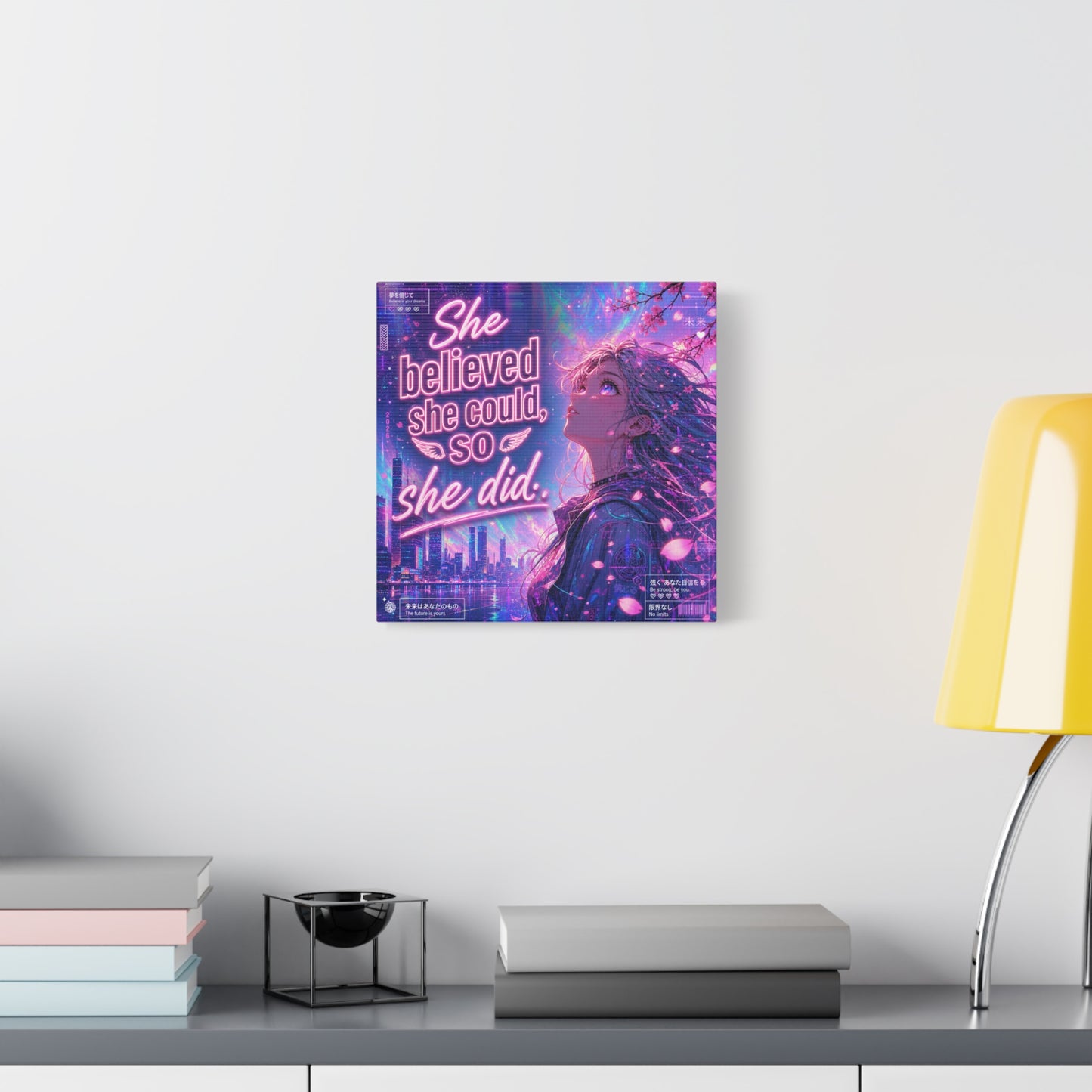 "She Believed She Could, So She Did" Anime Girl Canvas Wall Art - Neon Sakura Cityscape, Inspirational Typography Print - Contemporary Bedroom Wall Decor, Teenager Room Decor - Bedroom Home Decoration