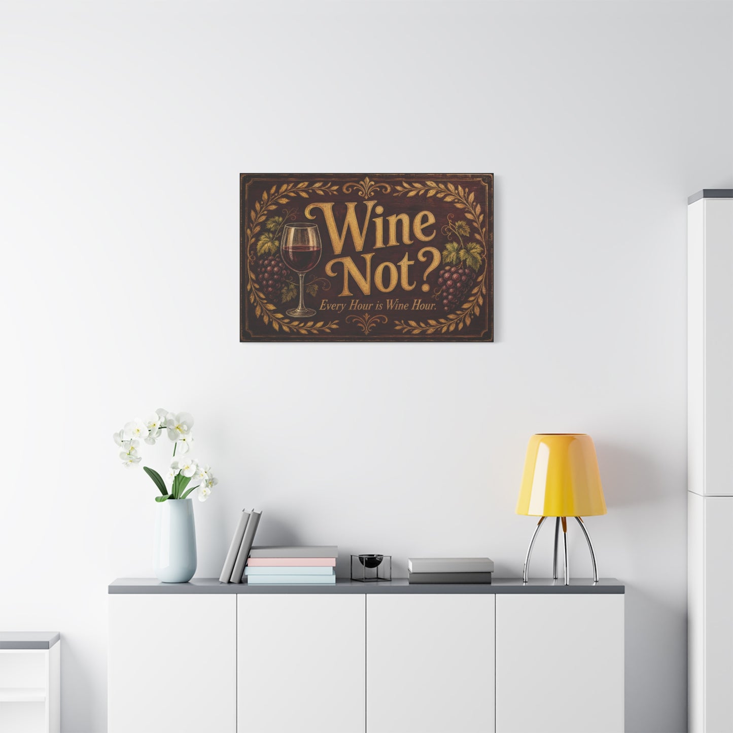 "Wine Not" Every Hour Is Wine Hour Canvas Wall Art - Rustic Vineyard Quote Decor - Vintage Decoration - Farmhouse Bar Accent - Ready to Hang - Pub Wall Art - Cocktail Lounge Decor - Matte Finish Print