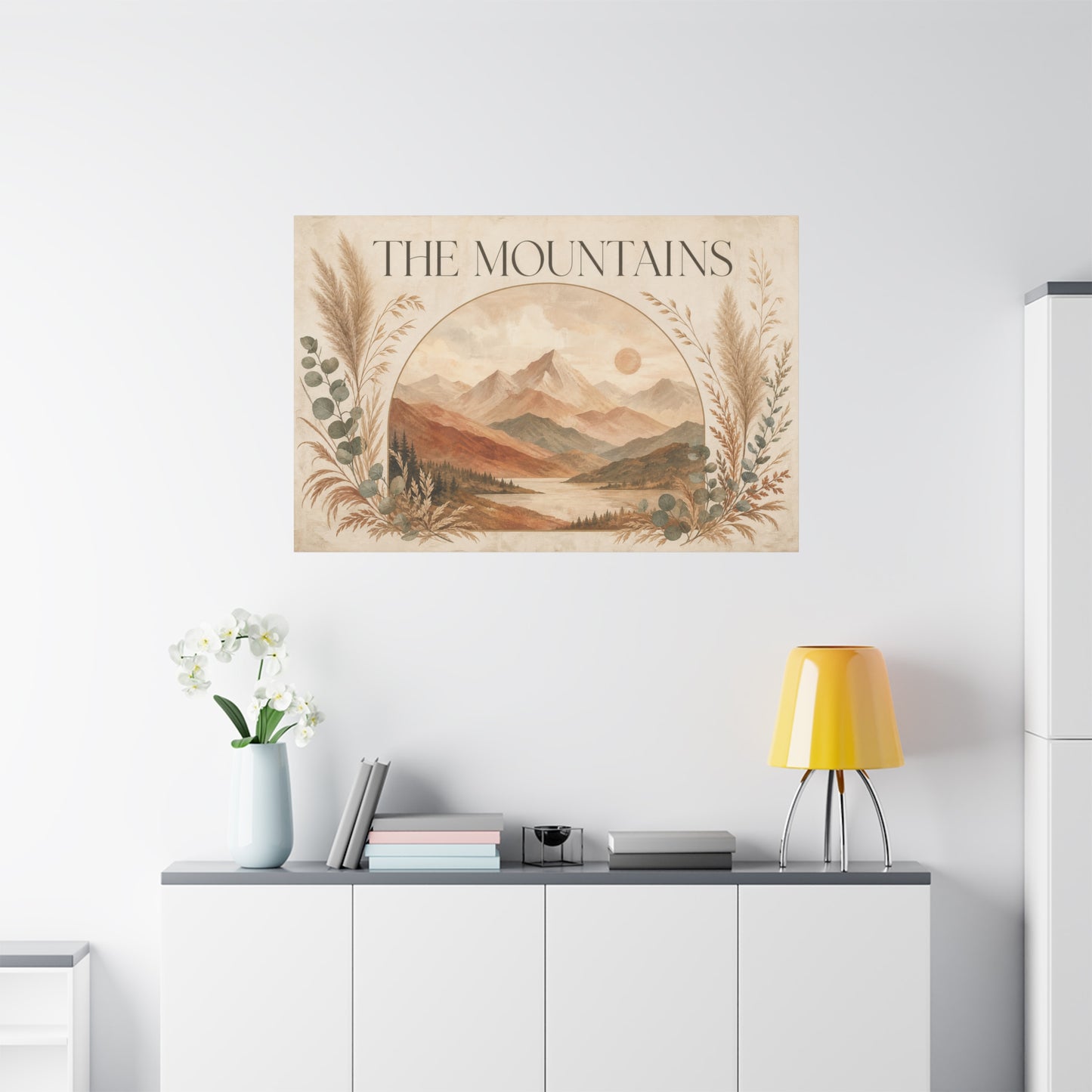 "The Mountains" Mountain Landscape Canvas Wall Art - Neutral Boho Nature Print, Desert Sun Lake Scene, Contemporary Rustic Style - Living Room Wall Decor, Bedroom Home Decoration - Ready to Hang