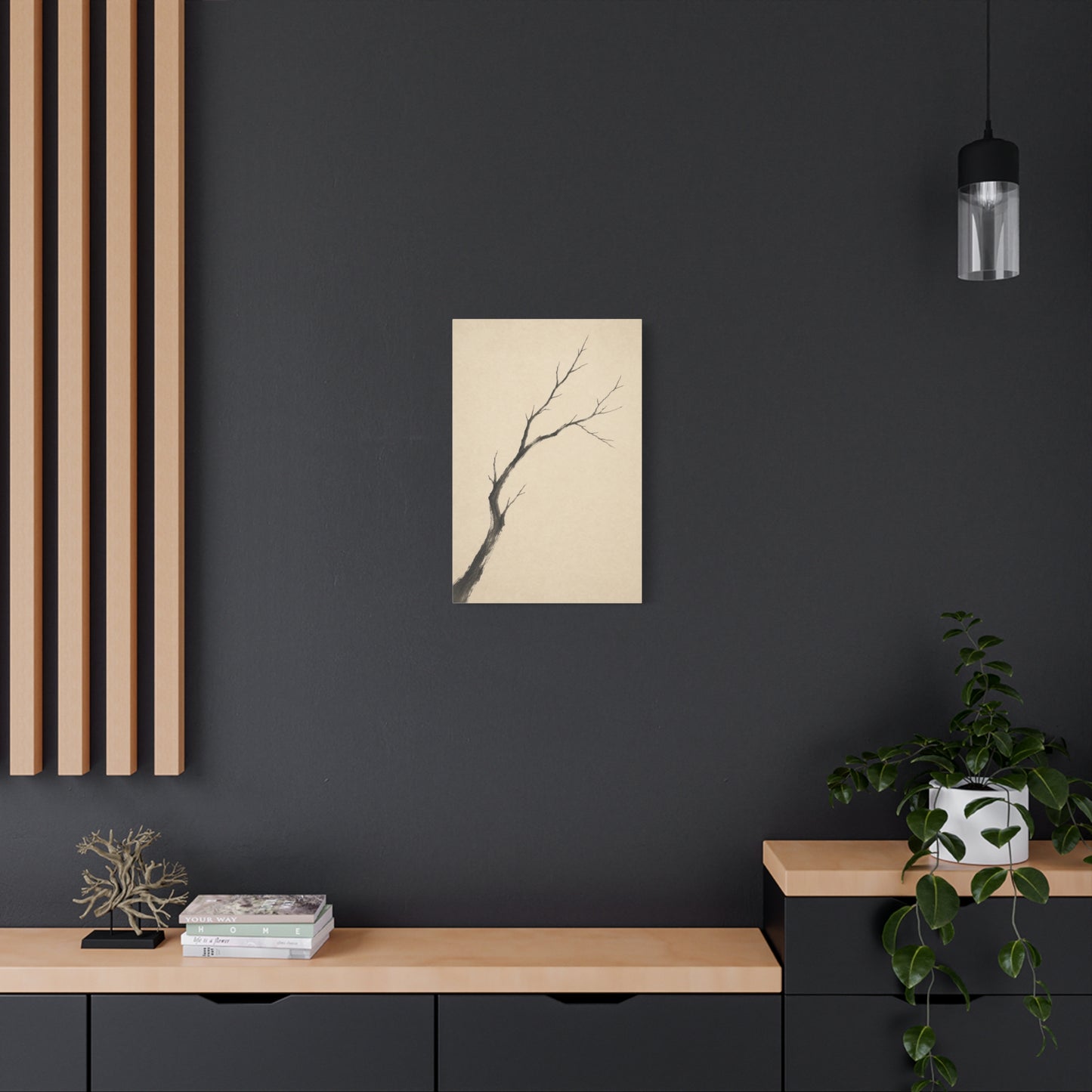 Minimalist Bare Tree Branch Canvas Wall Art - Neutral Ink Wash Botanical Print - Japanese Zen Style - Beige Black Contemporary Wall Decor For Bedroom Living Room Office Entryway - Ready to Hang