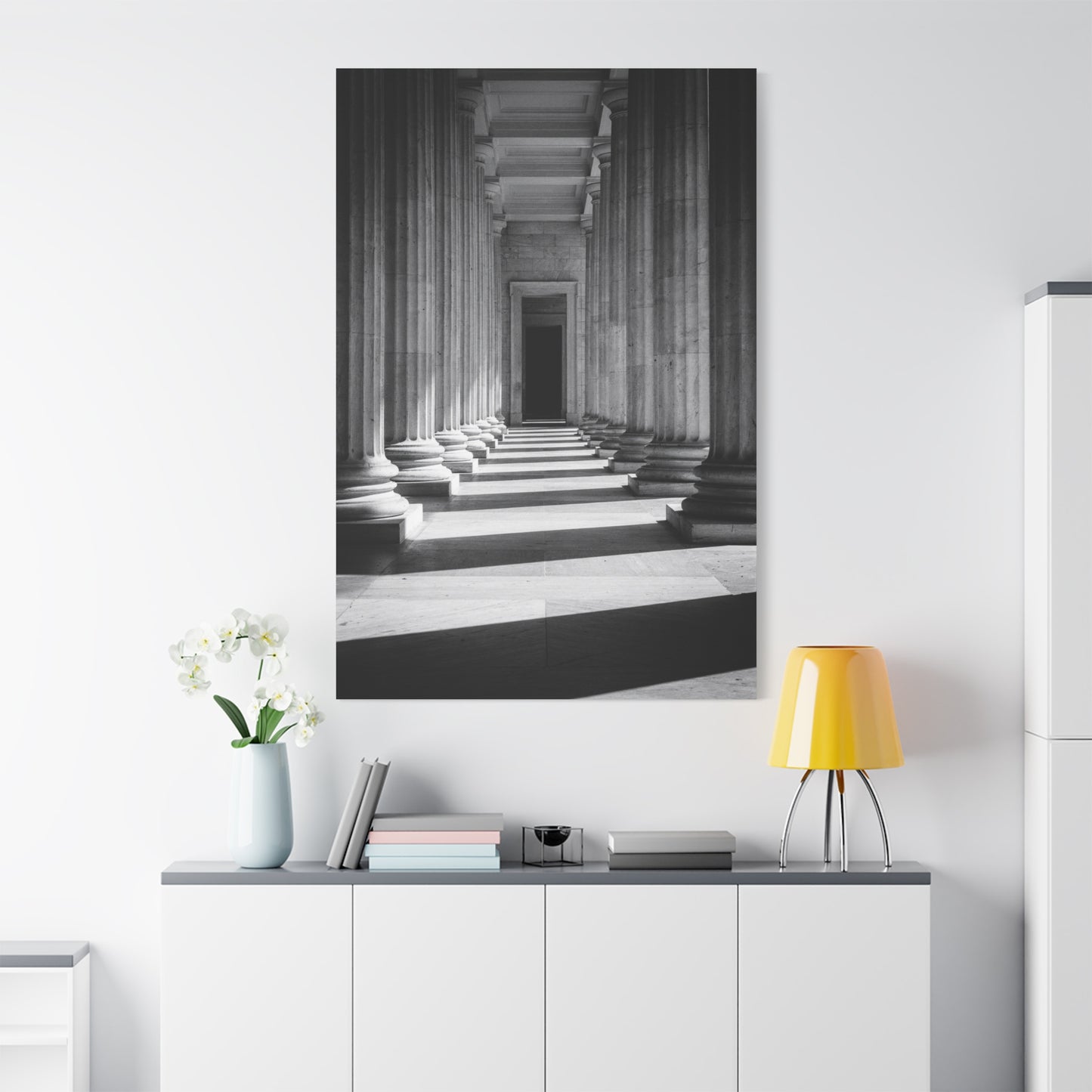 Black And White Classical Column Hallway Canvas Wall Decor - Architectural Art Print, Dramatic Light And Shadow, Minimalist Interior Accent - Living Room Decoration Office Display