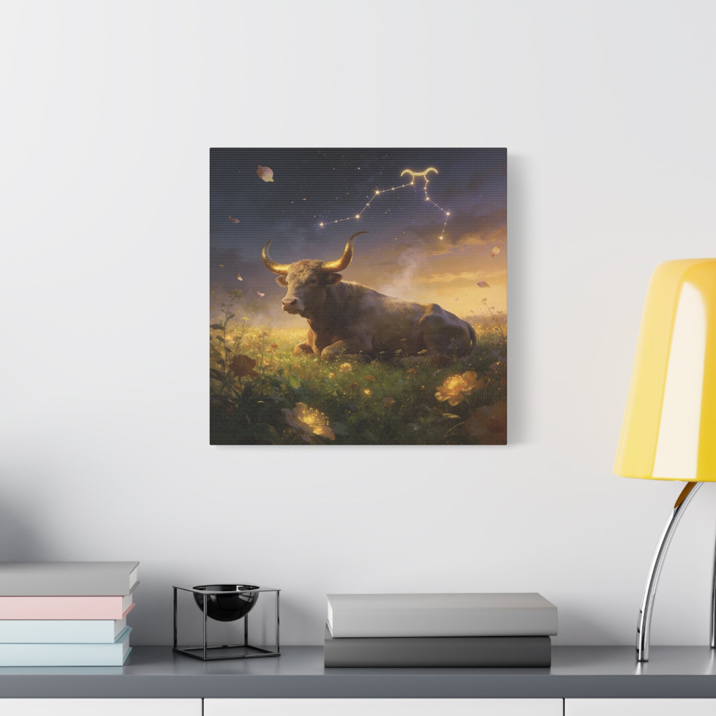 Taurus Zodiac Bull Canvas Wall Art - Celestial Constellation Night Meadow, Golden Horns, Dreamy Illustration - Matte Cotton Print - Bedroom Home Decoration, Office Wall Decor - Bedroom Home Decoration