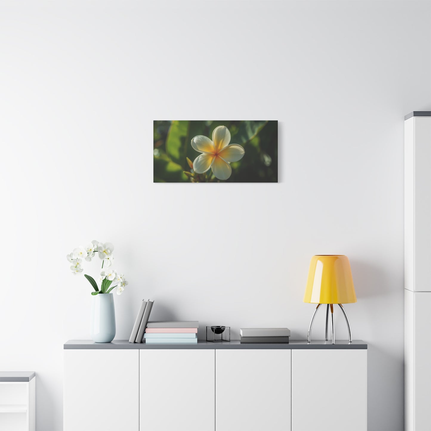 Plumeria Flower Canvas Wall Art - Tropical Floral Art Print, Soft Golden Light - Matte Cotton Art Print - Coastal Style, Bedroom Decoration, Bathroom Accent, Spa Inspired Decor - Ready to Hang