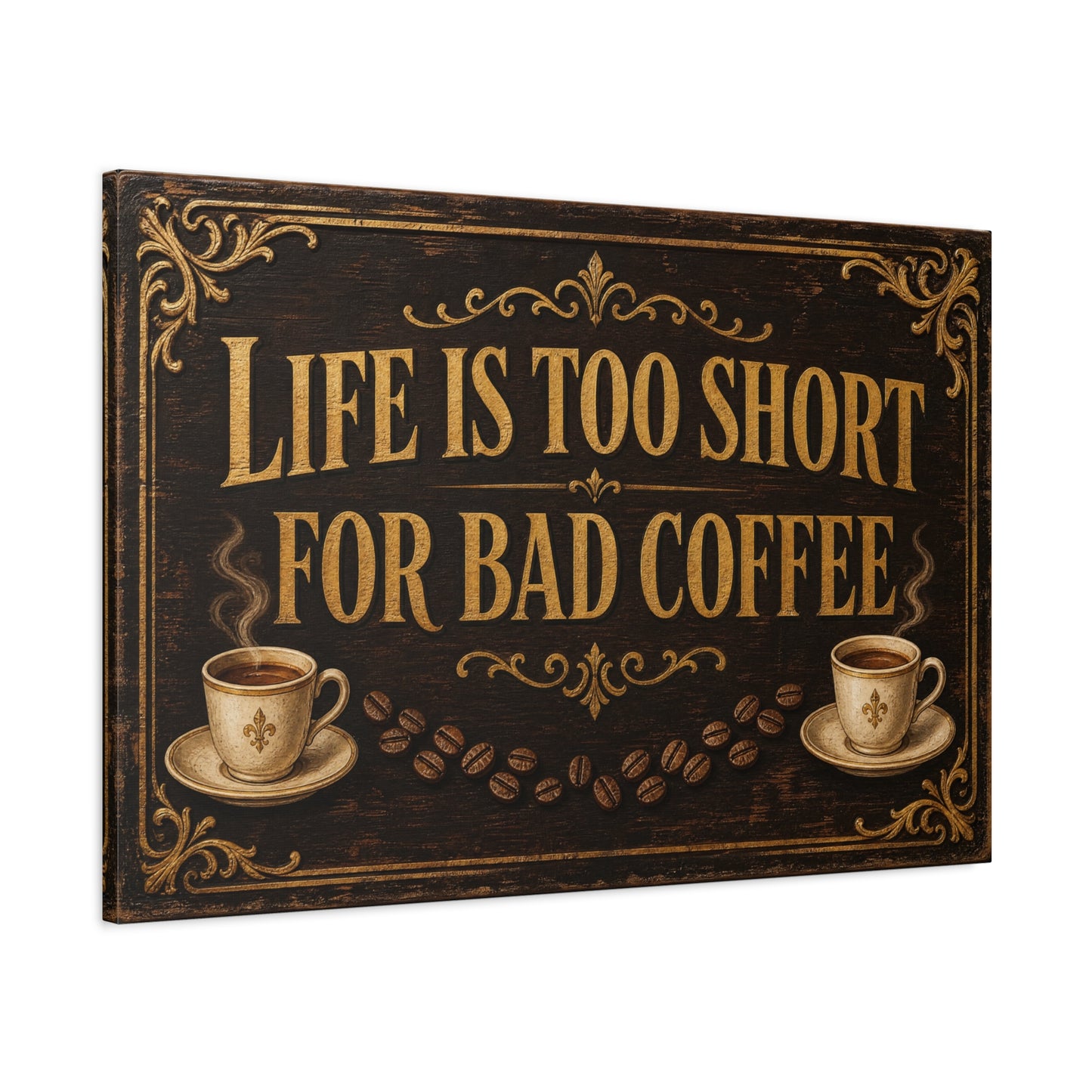 "Life Is Too Short For Bad Coffee" Canvas Wall Art - Vintage Coffee Quote Decor, Rustic Brown Typography Print, Farmhouse Cafe Wall Hanging - Ready to Hang - Bistro Decor - Espresso Bar Sign
