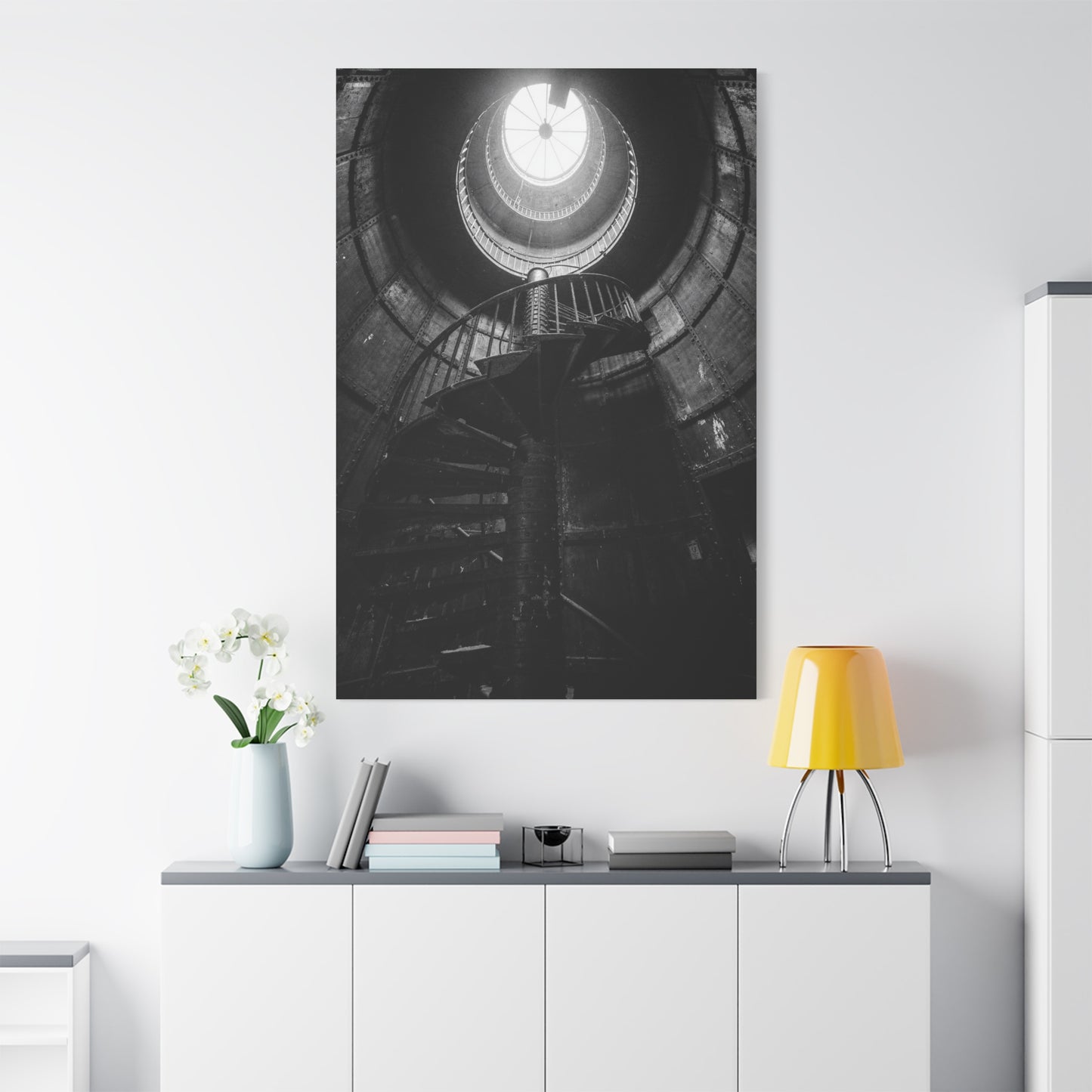 Black And White Spiral Staircase Canvas Wall Art - Architectural Art Print, Industrial Contemporary Style, Moody Home Decor, Home Office Wall Art, Living Room Accent - Modern Farmhouse Style