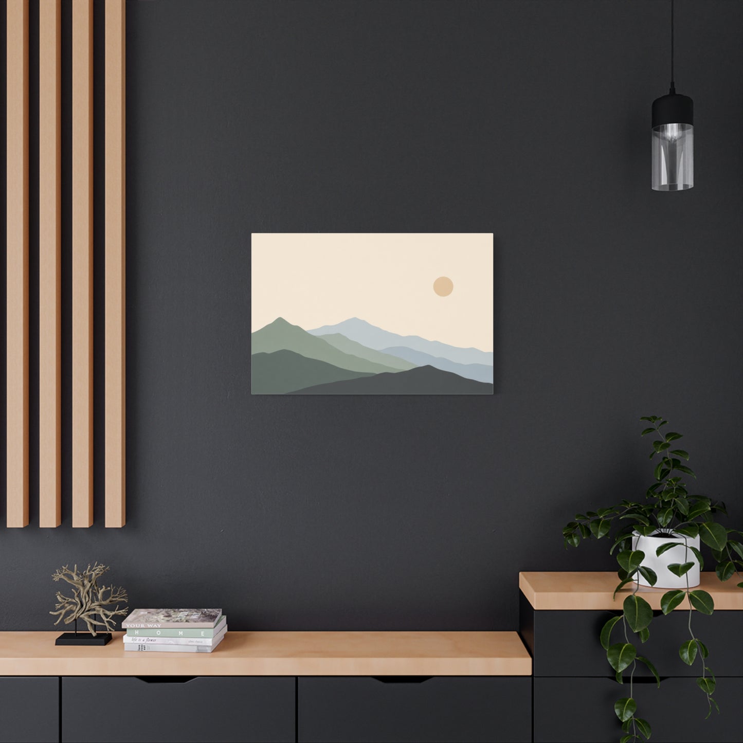 Minimalist Mountain Landscape Canvas Wall Art - Layered Blue Green Hills, Soft Sun - Contemporary Nature Print, Living Room Wall Decor, Bedroom Home Decoration, Office Art - Bedroom Home Decoration