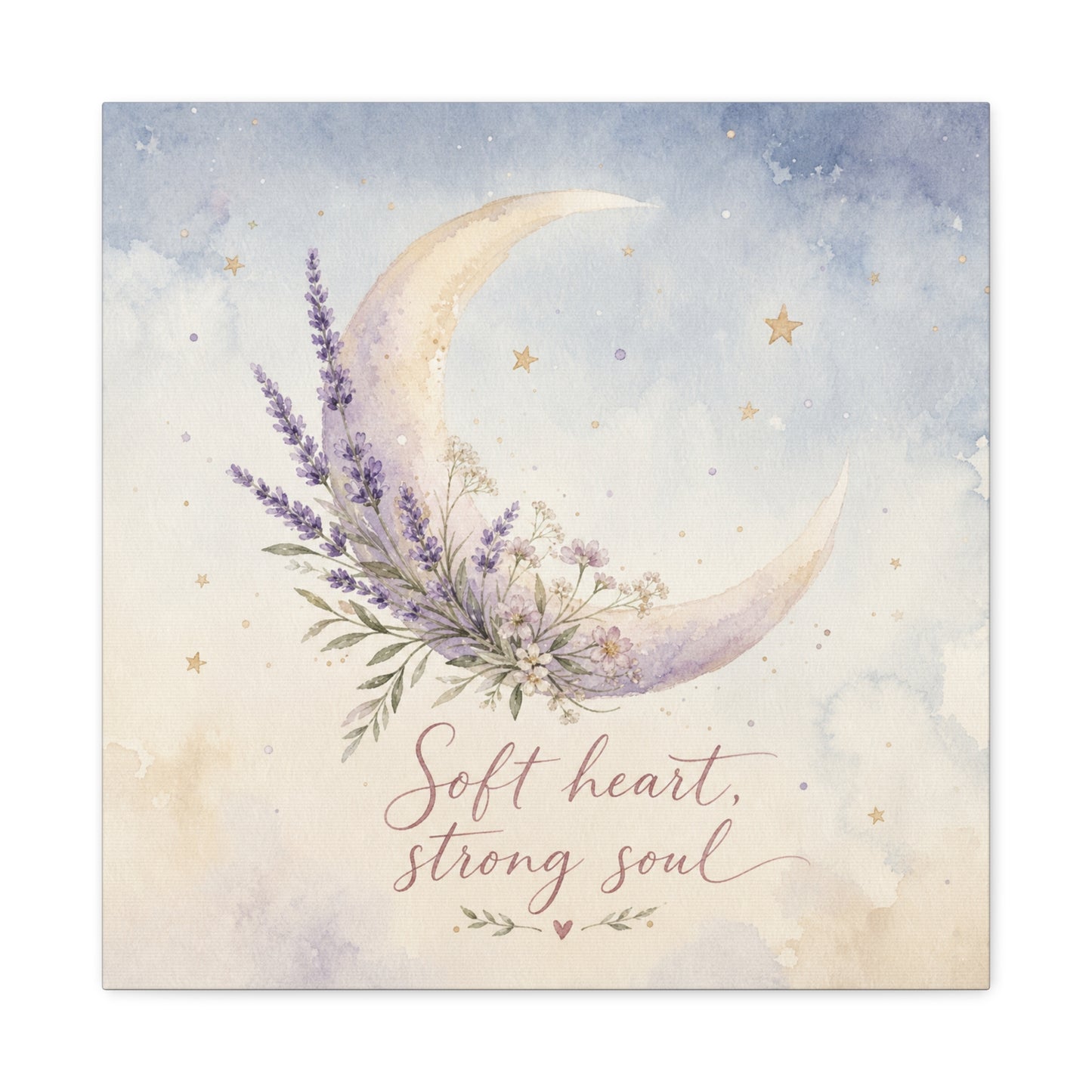 "Soft Heart, Strong Soul" Moon Canvas Wall Art - Lavender Floral Celestial Quote Print - Watercolor Nursery Bedroom Decor - Bohemian Home Decoration - Office Wall Art - Bedroom Home Decoration