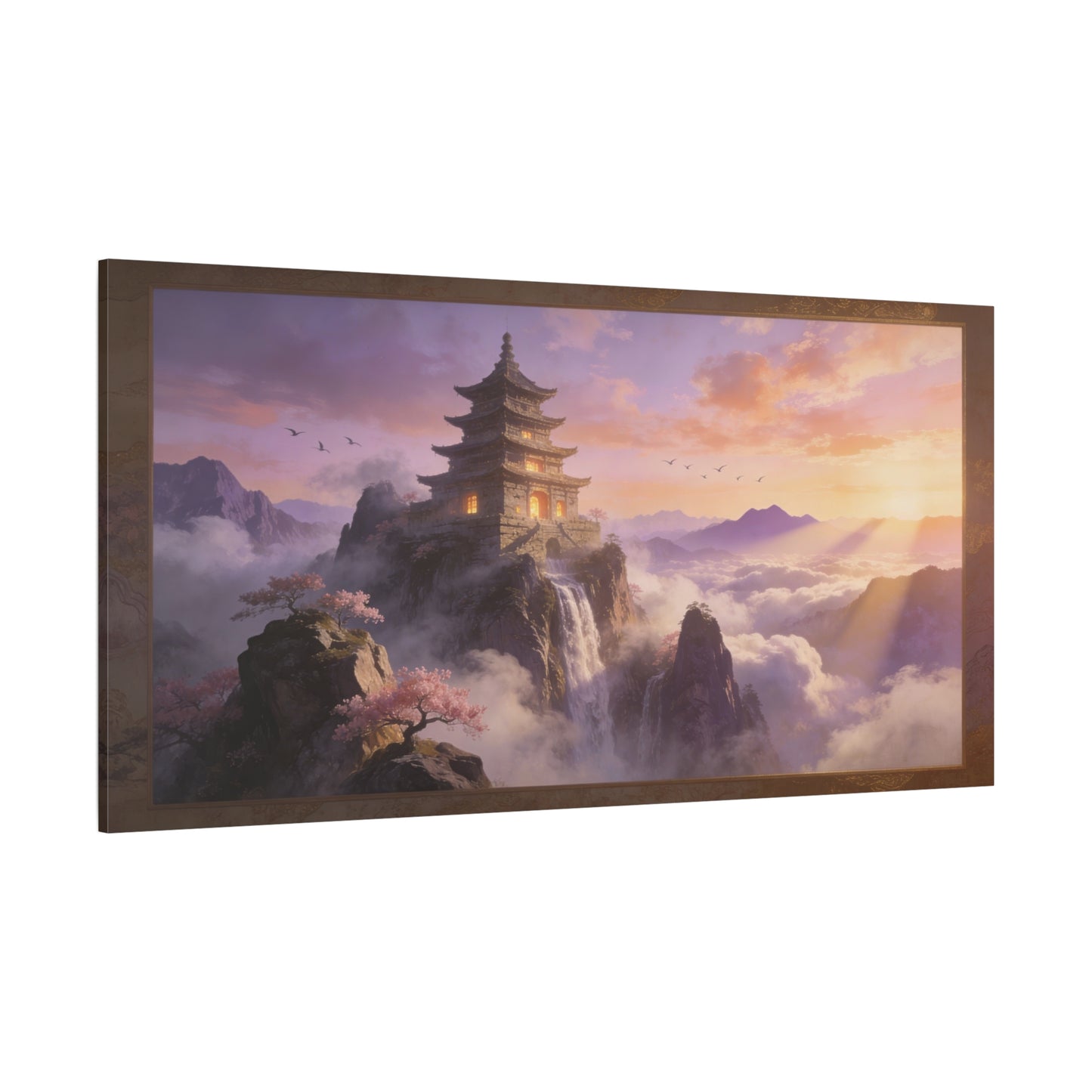 Mountain Pagoda Canvas Wall Art - Misty Sunrise Temple, Waterfall And Cherry Blossoms - Framed Landscape Print, Serene Traditional Style - Living Room Wall Decor, Bedroom Decoration - Ready to Hang