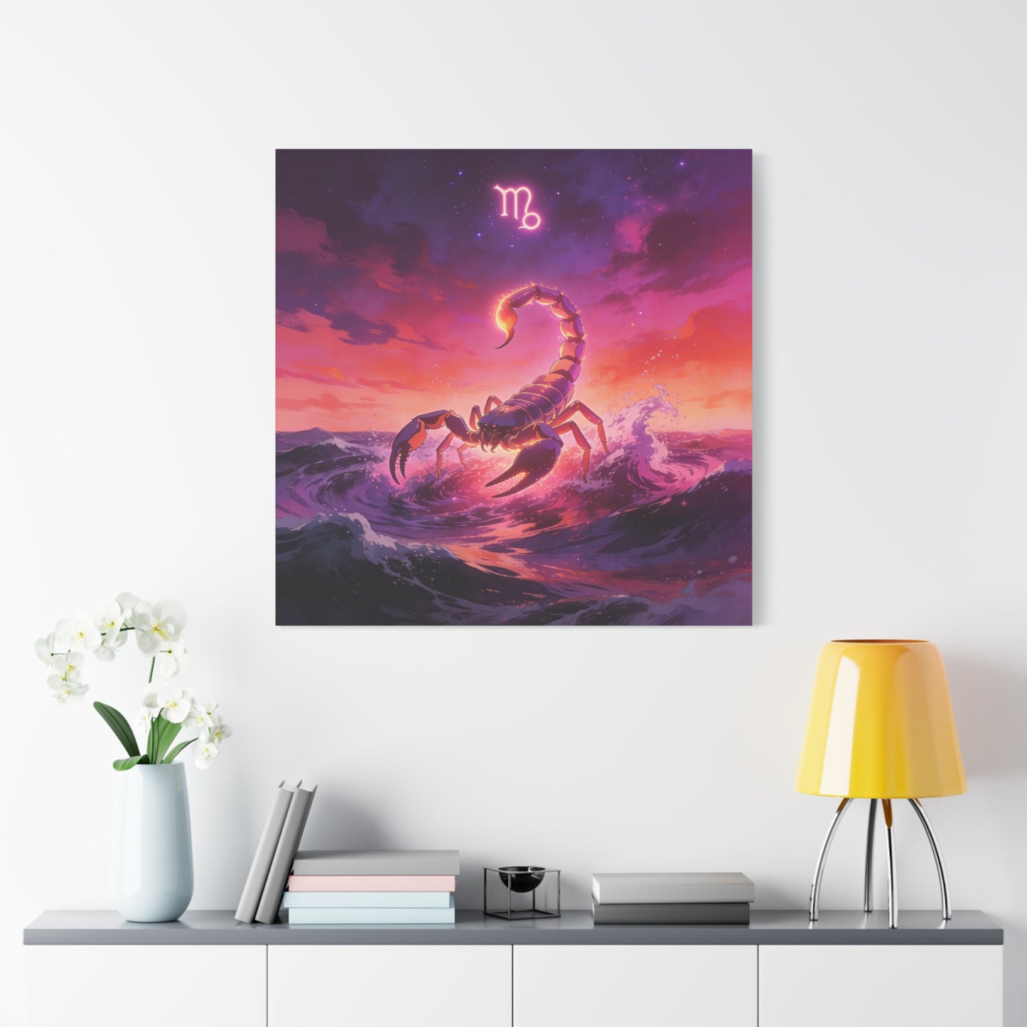 Scorpio Zodiac Canvas Wall Art - Glowing Scorpion Ocean Illustration, Celestial Astrology Print - Matte Cotton Canvas - Modern Fantasy Style - Bedroom Wall Decor, Home Office Accent - Ready to Hang