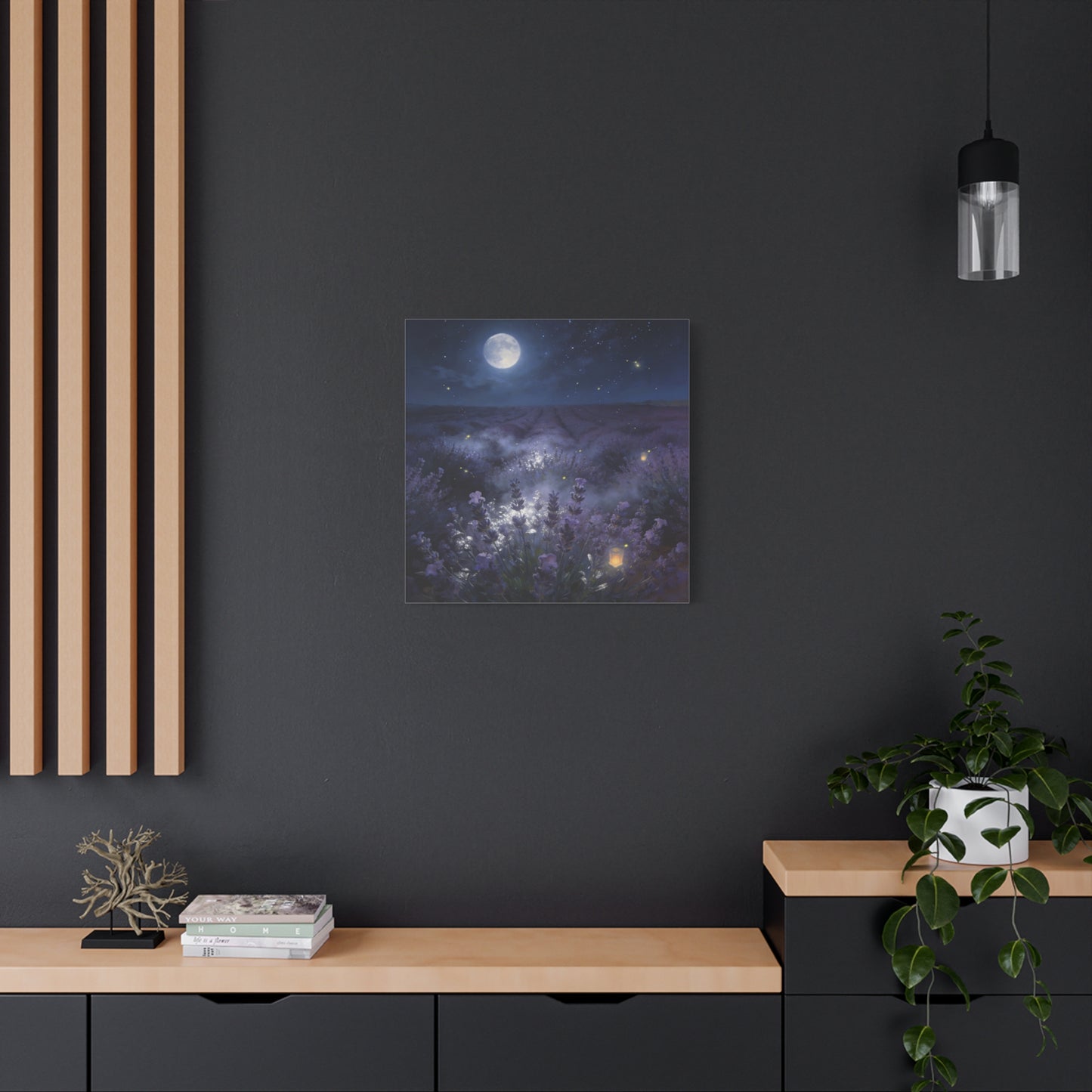Moonlit Lavender Field Canvas Wall Art - Firefly Night Landscape, capiz shells wall decor - Matte Cotton Art Print, Calming Traditional Style - Bedroom Home Decoration, Office Wall Art - Ready to Hang