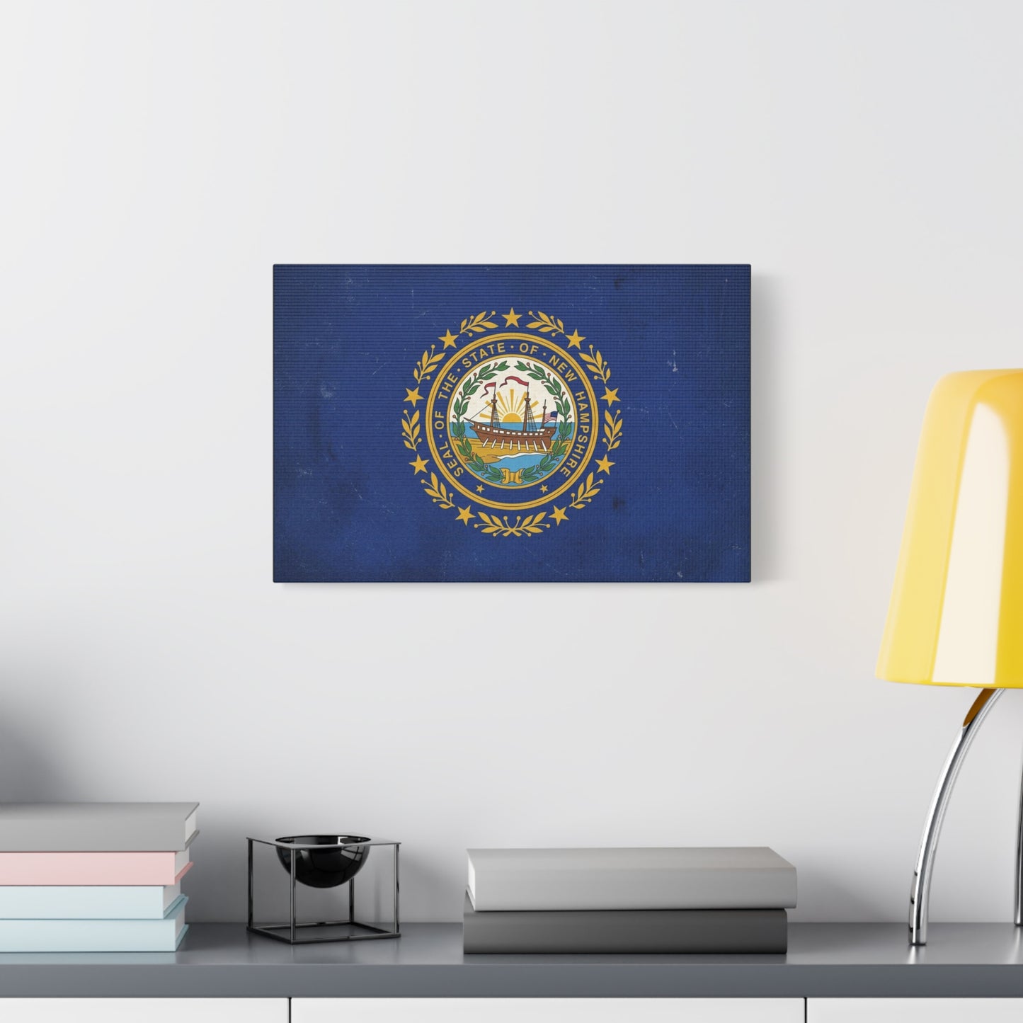 "Seal Of The State Of New Hampshire" Flag Canvas Wall Art - Vintage State Pride Decor, Blue Gold Emblem Print - Rustic Americana Style - Living Room Decoration - Office Wall Art - Ready to Hang