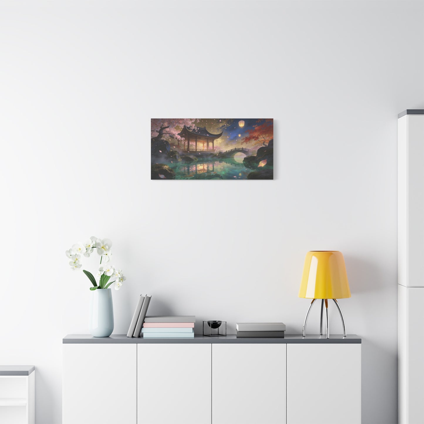 Japanese Garden Pavilion Canvas Wall Art - Cherry Blossom Pond, Lantern Night, Arched Bridge - Serene Traditional Landscape - Living Room Wall Decor, Bedroom Home Decoration - Bedroom Home Decoration