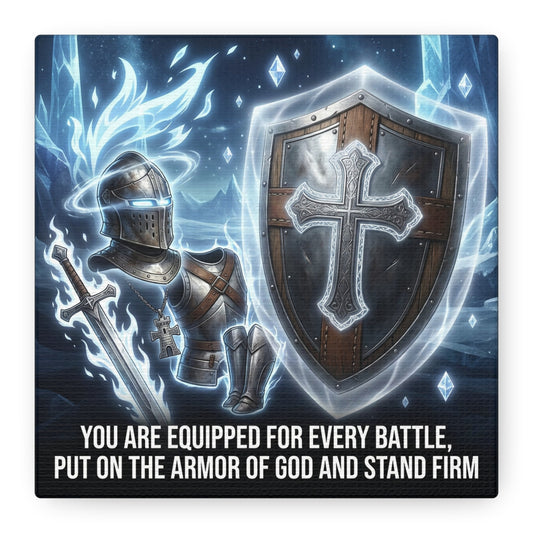 "You Are Equipped For Every Battle, Put On The Armor Of God And Stand Firm" Christian Canvas Wall Art - Knight Armor, Cross Shield, Scripture Decor - Blue Fantasy Style - Living Room - Office Wall Art