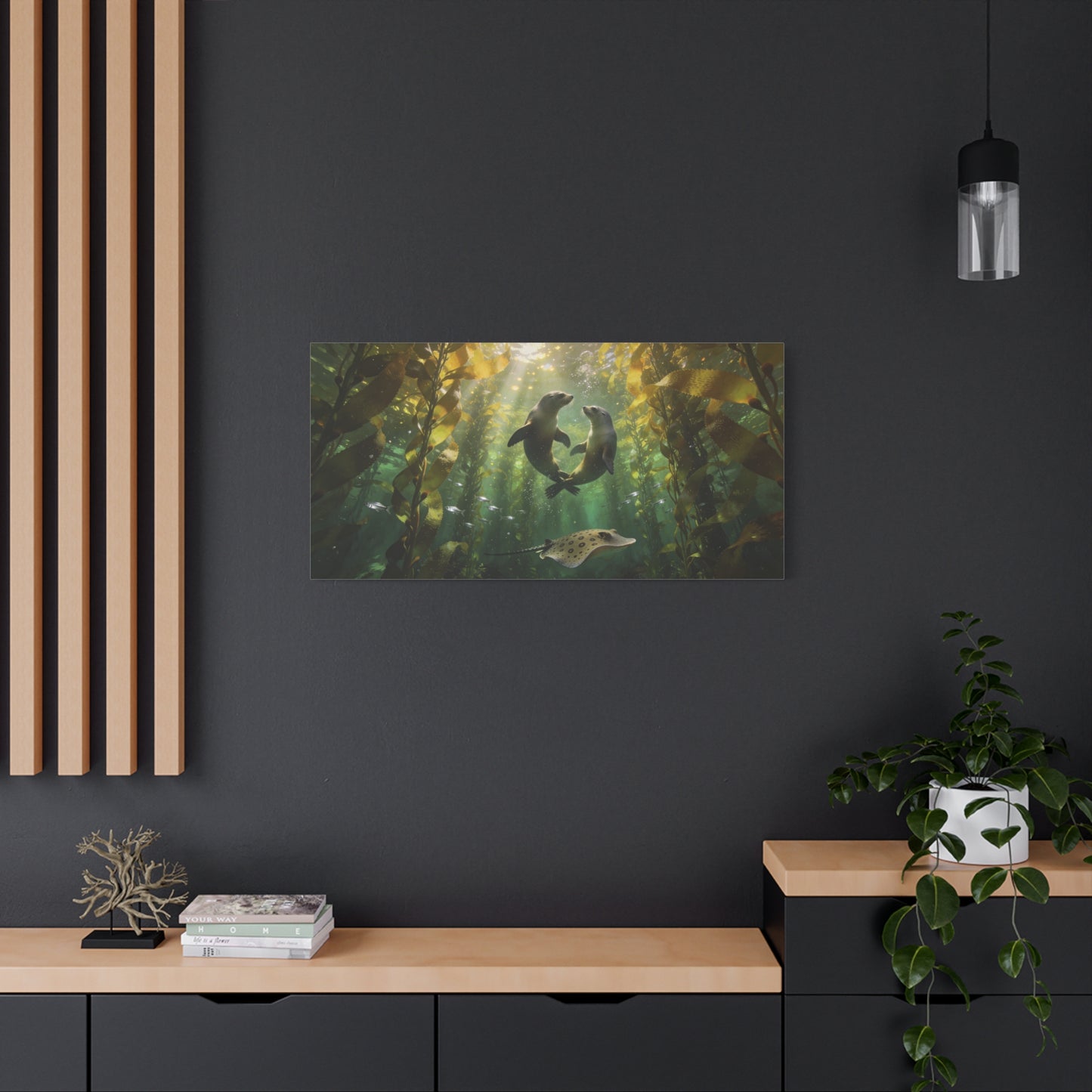 Sea Lion Kelp Forest Canvas Wall Art - Underwater Ocean Wildlife Print, Sunbeam Marine Scene, Matte Cotton Decor - Coastal Style Living Room Wall Decor, Bedroom Home Decoration - Cozy Reading Nook Art