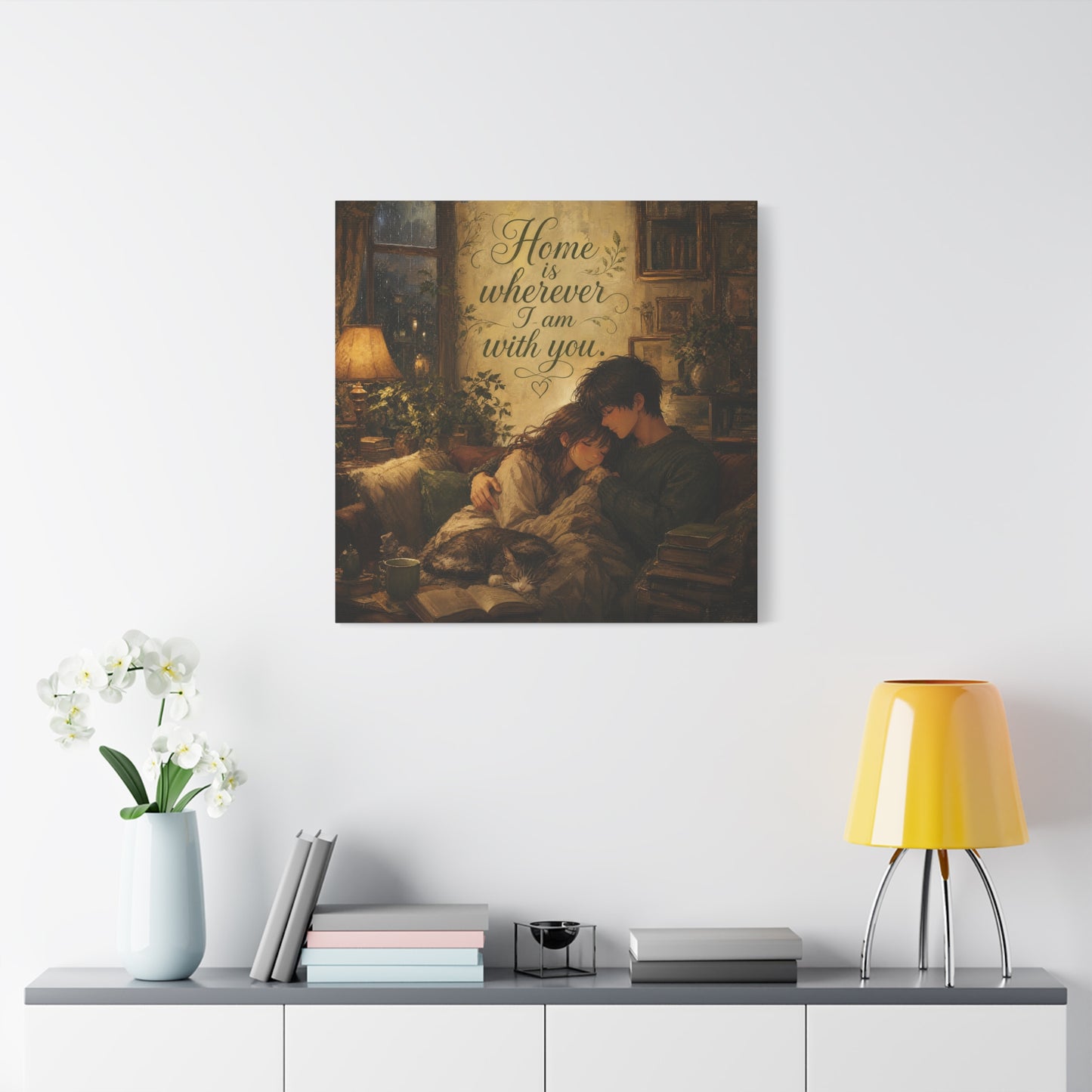 "Home Is Wherever I Am With You." Couple Canvas Wall Art - Romantic Cozy Reading Nook Quote Print - Vintage Warm Lamplight Style - Living Room Wall Decor, Bedroom Home Decoration - Ready to Hang