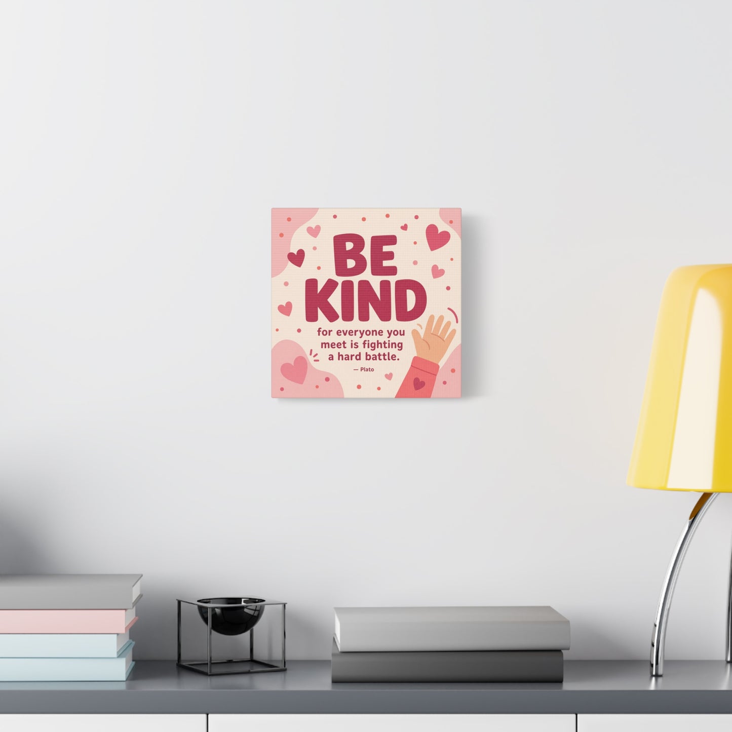 "Be Kind For Everyone You Meet Is Fighting A Hard Battle. - Plato" Canvas Wall Art - Pink Heart Typography Print - Inspirational Bedroom Decor - Modern Nursery Wall Hanging - Bedroom Home Decoration
