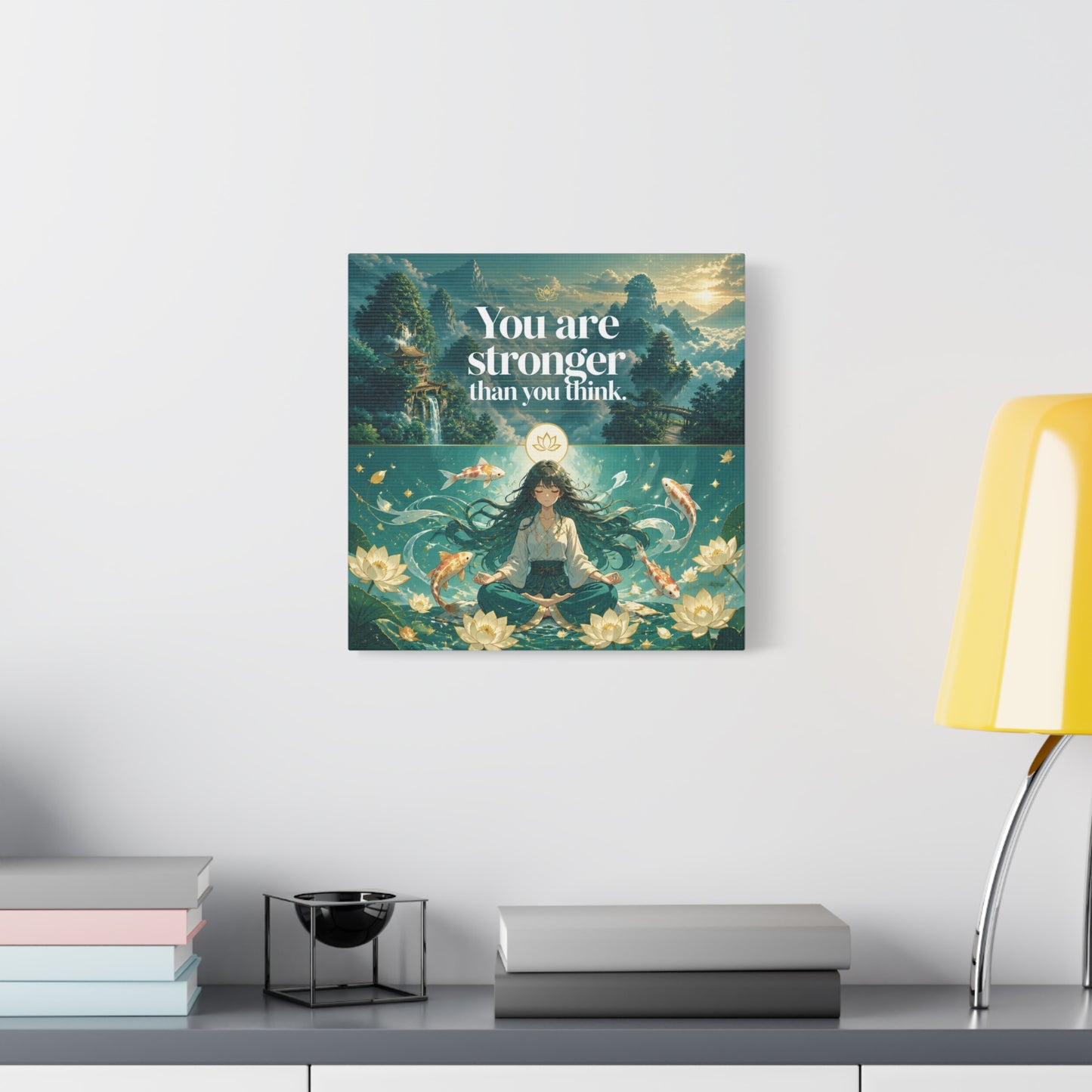 "You Are Stronger Than You Think." Inspirational Canvas Wall Art - Meditating Girl, Koi Fish, Lotus Lake - Zen Fantasy Landscape - Bedroom Wall Decor, Meditation Space, Jellyfish Room Decor