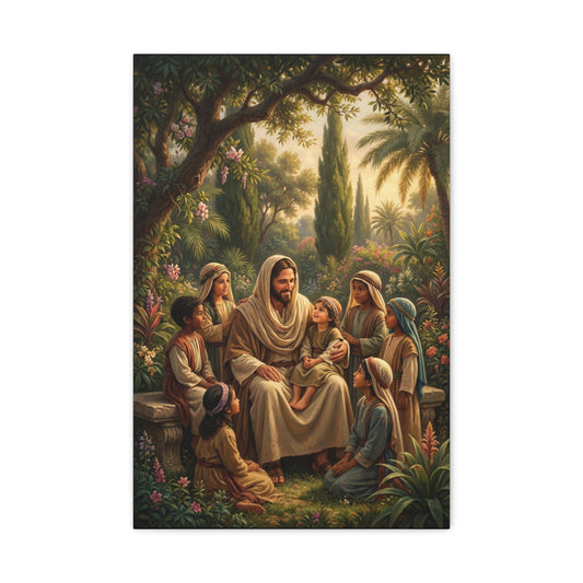 Jesus Christ With Children Canvas Wall Art - Biblical Garden Scene, Christian Home Decor - Traditional Religious Print, Living Room Wall Decor, Bedroom Home Decoration - Modern Farmhouse Style