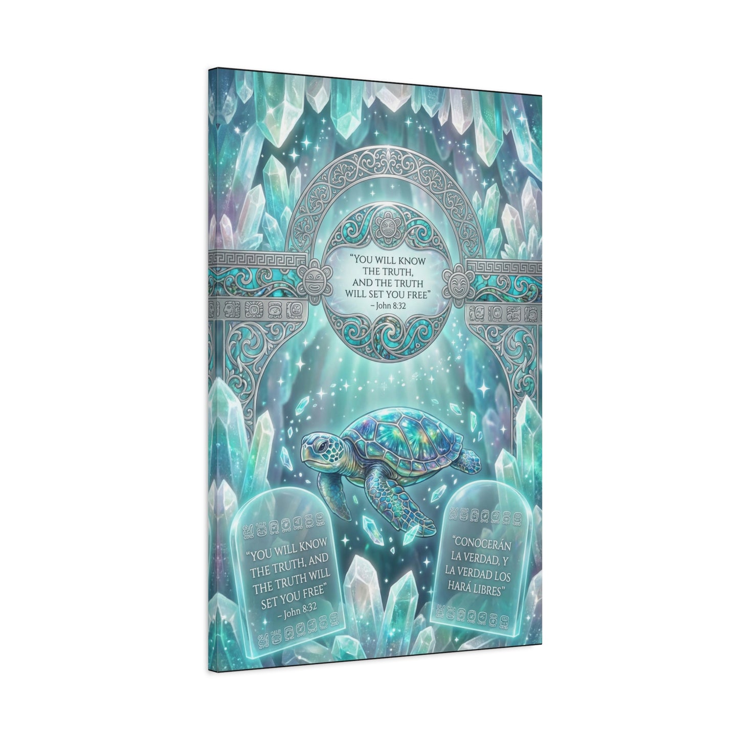 "You Will Know The Truth, And The Truth Will Set You Free" Sea Turtle Canvas Wall Art - John 8:32 Scripture Decor, Crystal Ocean Fantasy Style, Bedroom Wall Hanging, Meditation Space - Ready to Hang