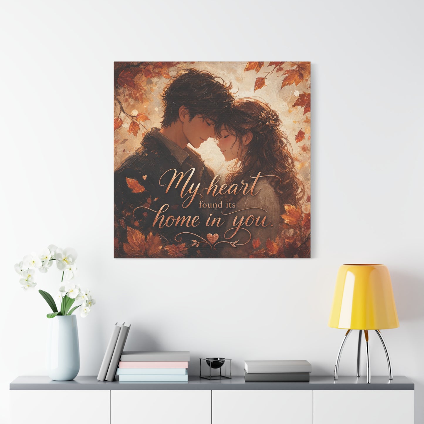 "My Heart Found Its Home In You" Romantic Couple Canvas Wall Art - Autumn Leaves Love Quote Print, Warm Rustic Traditional Style - Bedroom Wall Decor - Ready to Hang - Bedroom Home Decoration