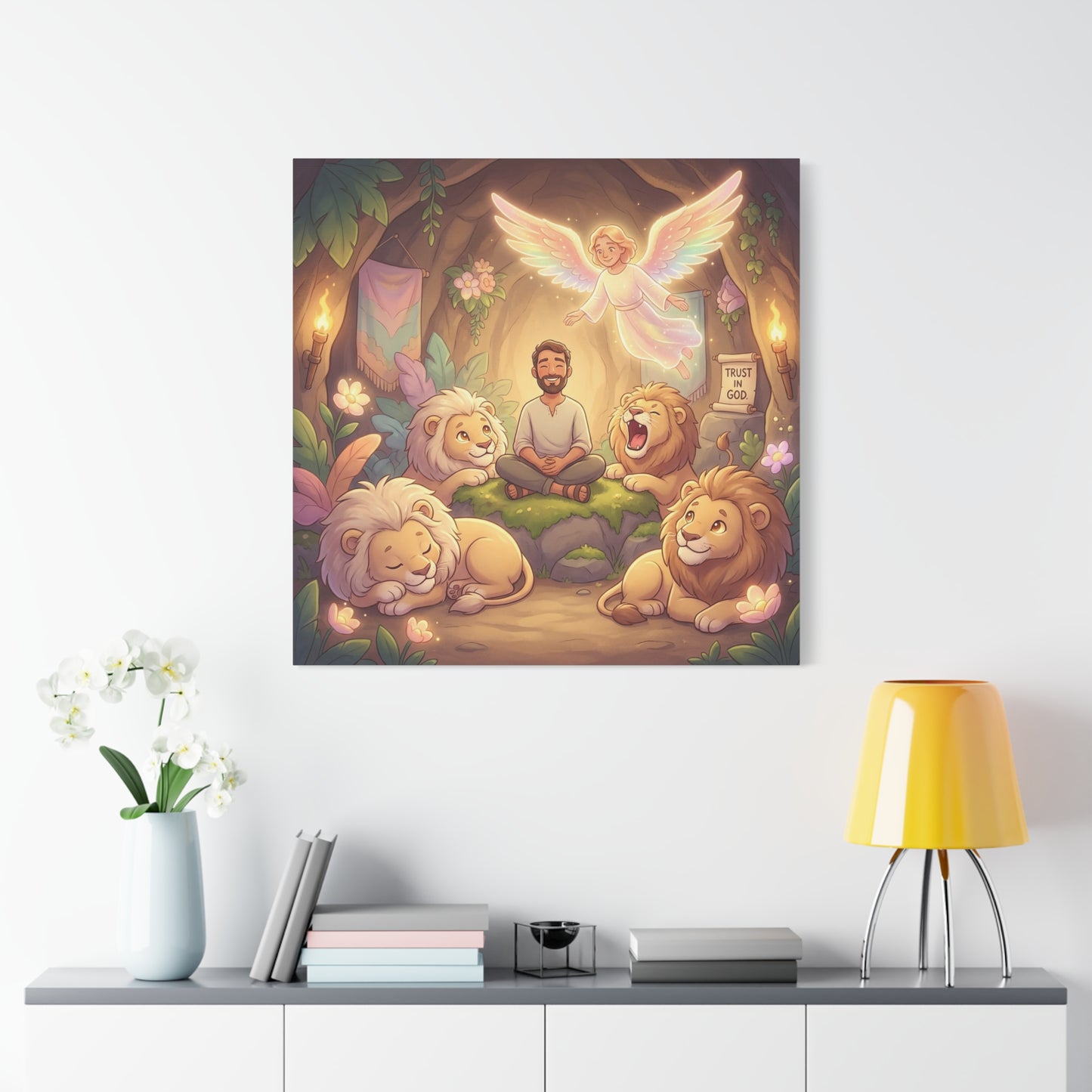 "Trust In God" Christian Canvas Wall Art - Angel, Man With Lions Cave Scene - Pastel Nursery Decor, Matte Cotton Print - Kids Bedroom Wall Decor, Playroom Home Decoration - Ready to Hang