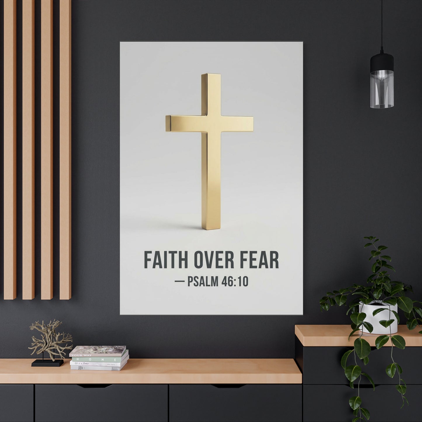 "Faith Over Fear" Psalm 46:10 Cross Canvas Wall Art - Gold Christian Scripture Print, Minimalist Religious Wall Decor - Modern Bedroom Home Decoration - Bedroom Home Decoration - Cozy Reading Nook Art