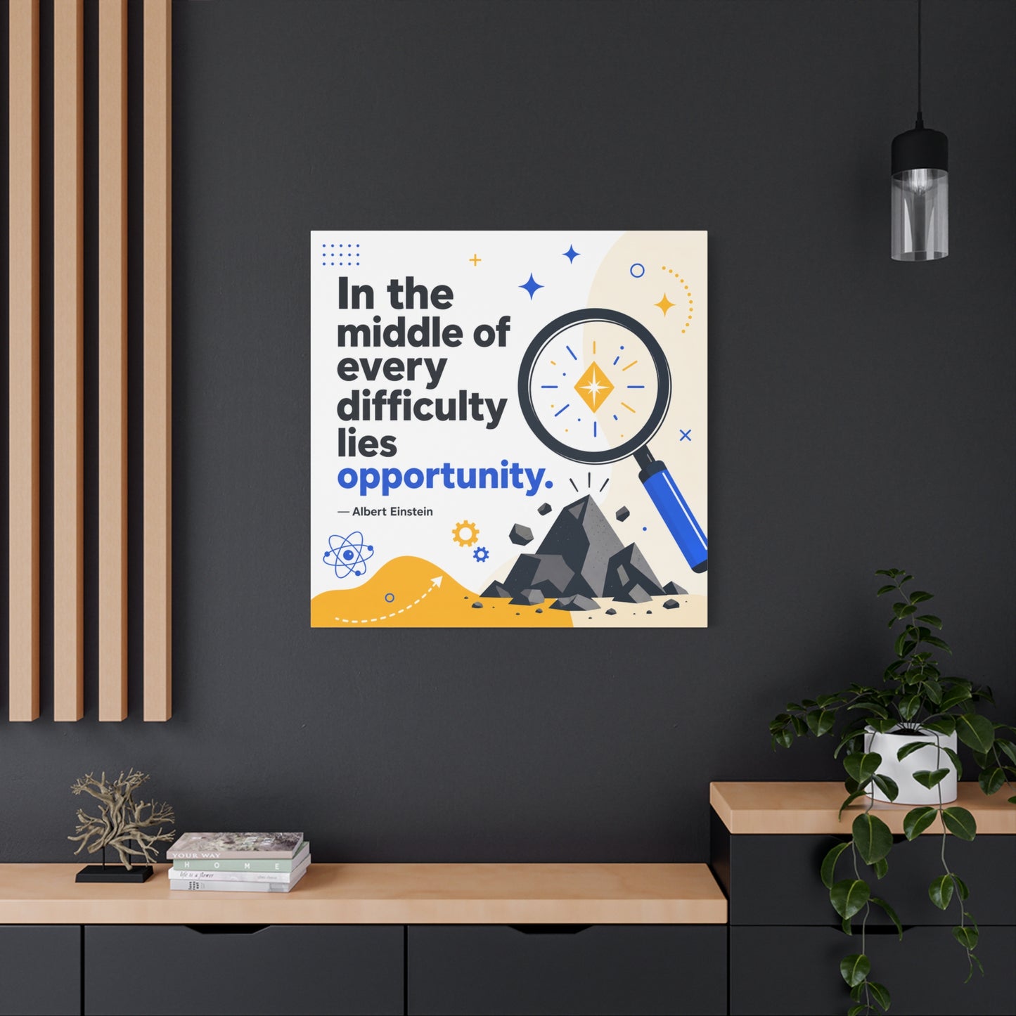 "In The Middle Of Every Difficulty Lies Opportunity." Einstein Canvas Wall Art - Motivational Quote Print, Blue Yellow Modern Typography, Office Decor, Classroom Inspiration, Study Room Accent