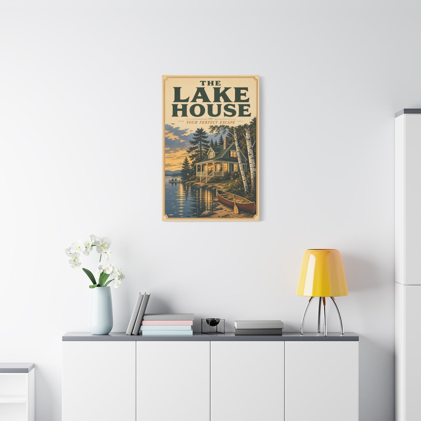 "The Lake House Your ideal Escape" Canvas Wall Art - Vintage Lakeside Cabin, Canoe And Birch Trees - Rustic Landscape Print - Living Room Wall Decor, Cabin Home Decoration - Bedroom Home Decoration