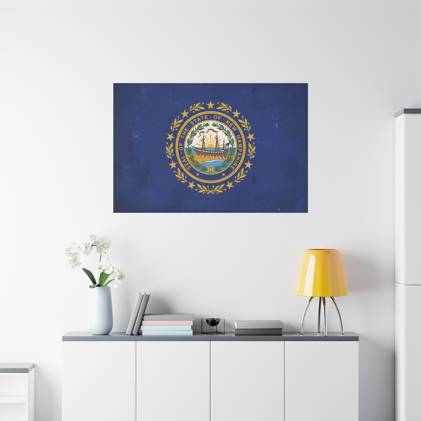 "Seal Of The State Of New Hampshire" Flag Canvas Wall Art - Vintage State Pride Decor, Blue Gold Emblem Print - Rustic Americana Style - Living Room Decoration - Office Wall Art - Ready to Hang