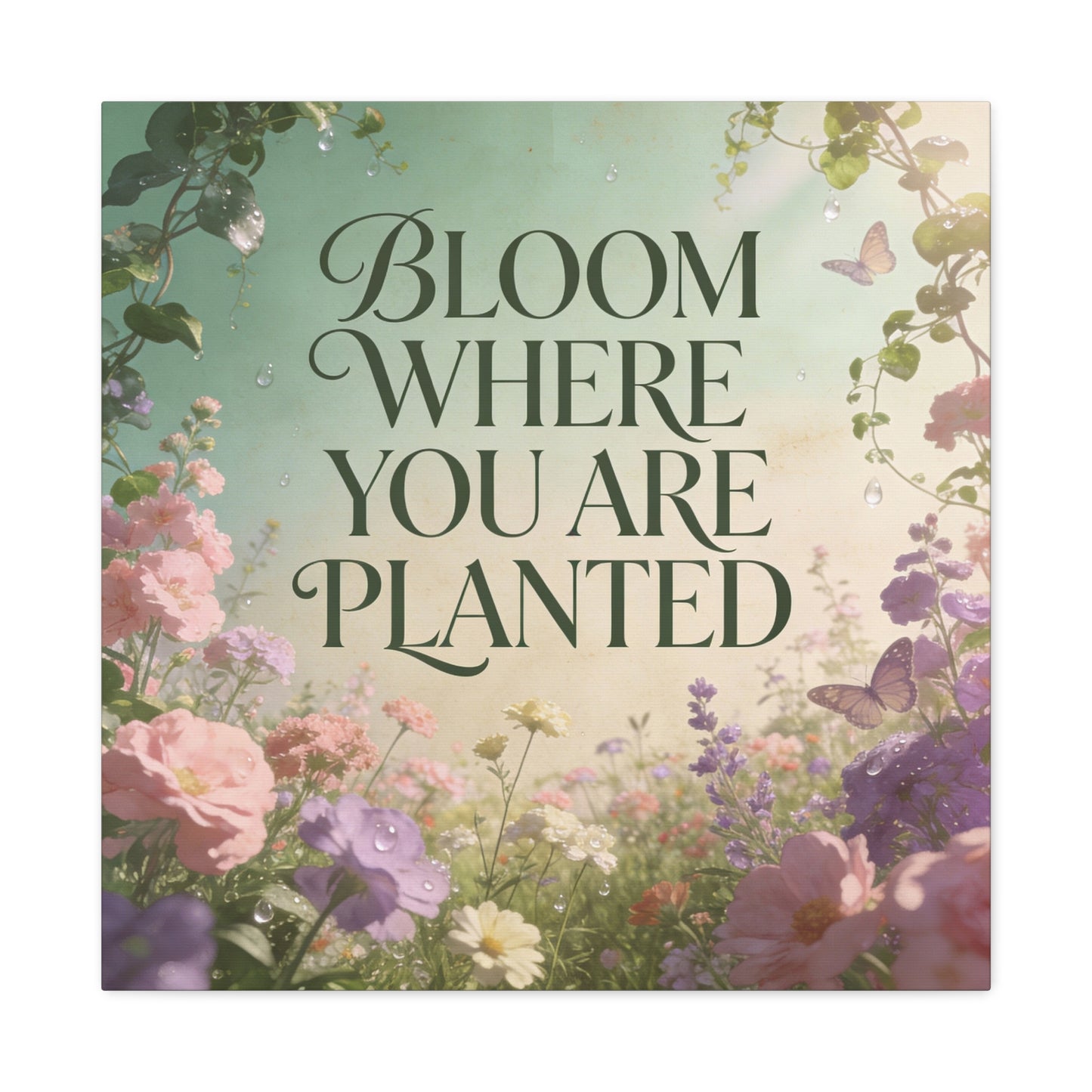"Bloom Where You Are Planted" Inspirational Canvas Wall Art - Floral Butterfly Quote Print, Pastel Garden Typography Decor, Modern Farmhouse Style, Bedroom Home Decoration - Living Room Wall Decor