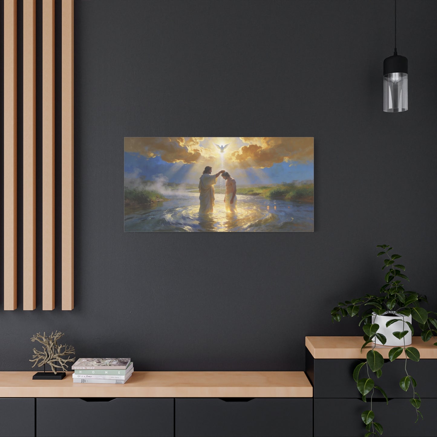 Baptism Of Jesus Christ Canvas Wall Art - Dove, Golden Light, River Scene - Religious Christian Wall Decor, Traditional Matte Canvas Print, Living Room Bedroom Home Decoration - Modern Farmhouse Style