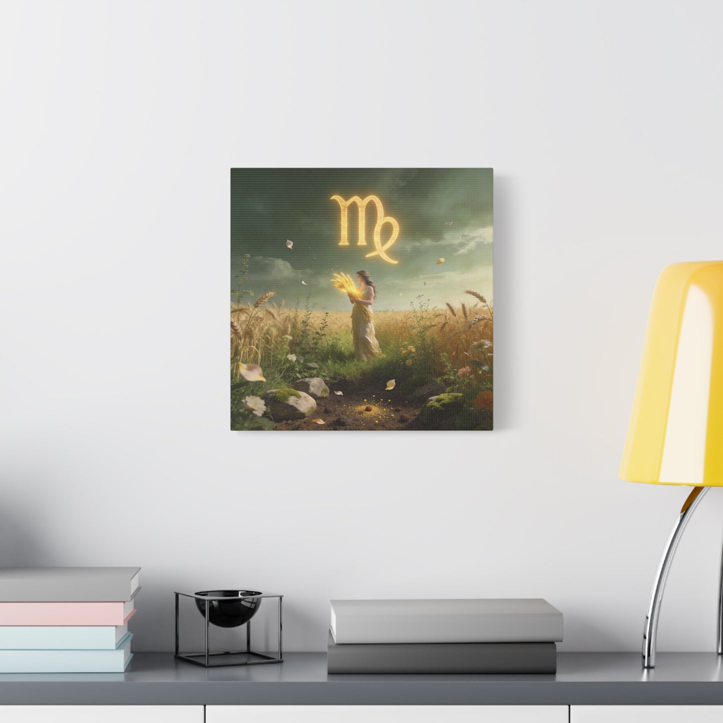 Virgo Zodiac Canvas Wall Art - Glowing Virgo Symbol, Woman In Wheat Field - Mystical Celestial Illustration, Matte Canvas Print - Bedroom Wall Decor, Meditation Space Accent - Bedroom Home Decoration