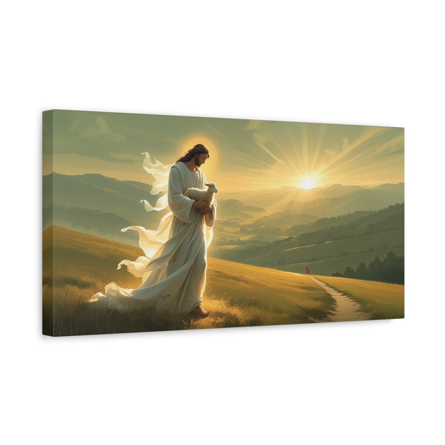 Jesus Holding Lamb Canvas Wall Art - Christian Sunset Landscape Print, Golden Light Faith Decor - Matte Cotton Canvas - Traditional Living Room Wall Decor, Bedroom Home Accent - Modern Farmhouse Style