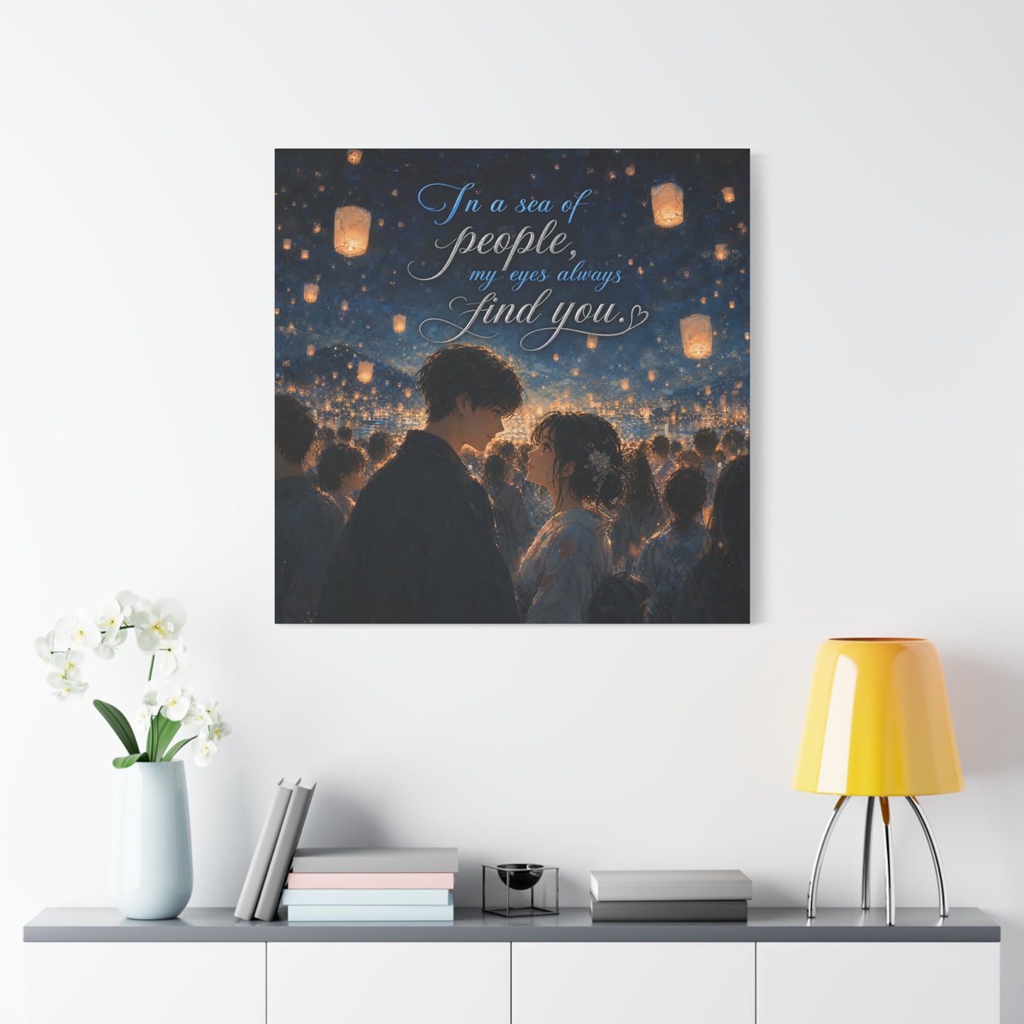 "In A Sea Of People, My Eyes Always Find You." Couple Canvas Wall Art - Romantic Lantern Night Scene, Blue Gold Typography Print, Bedroom Decor - Bedroom Home Decoration - Living Room Wall Decor
