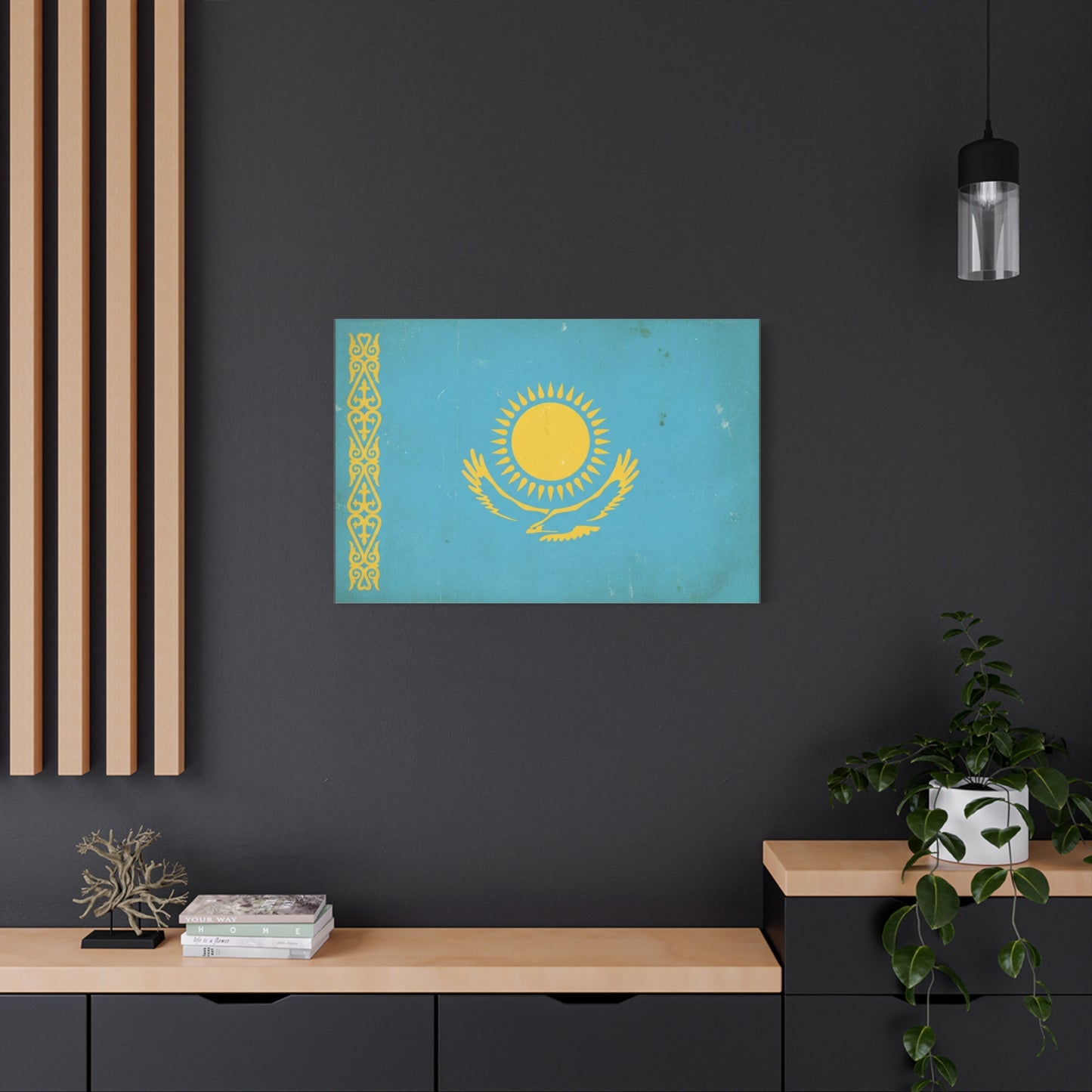 Kazakhstan Flag Canvas Wall Art - Blue And Gold Sun Eagle Emblem, Vintage Nation Print - Matte Cotton Artwork, Patriotic Living Room Wall Decor, Office Art Accent Style - Bedroom Home Decoration