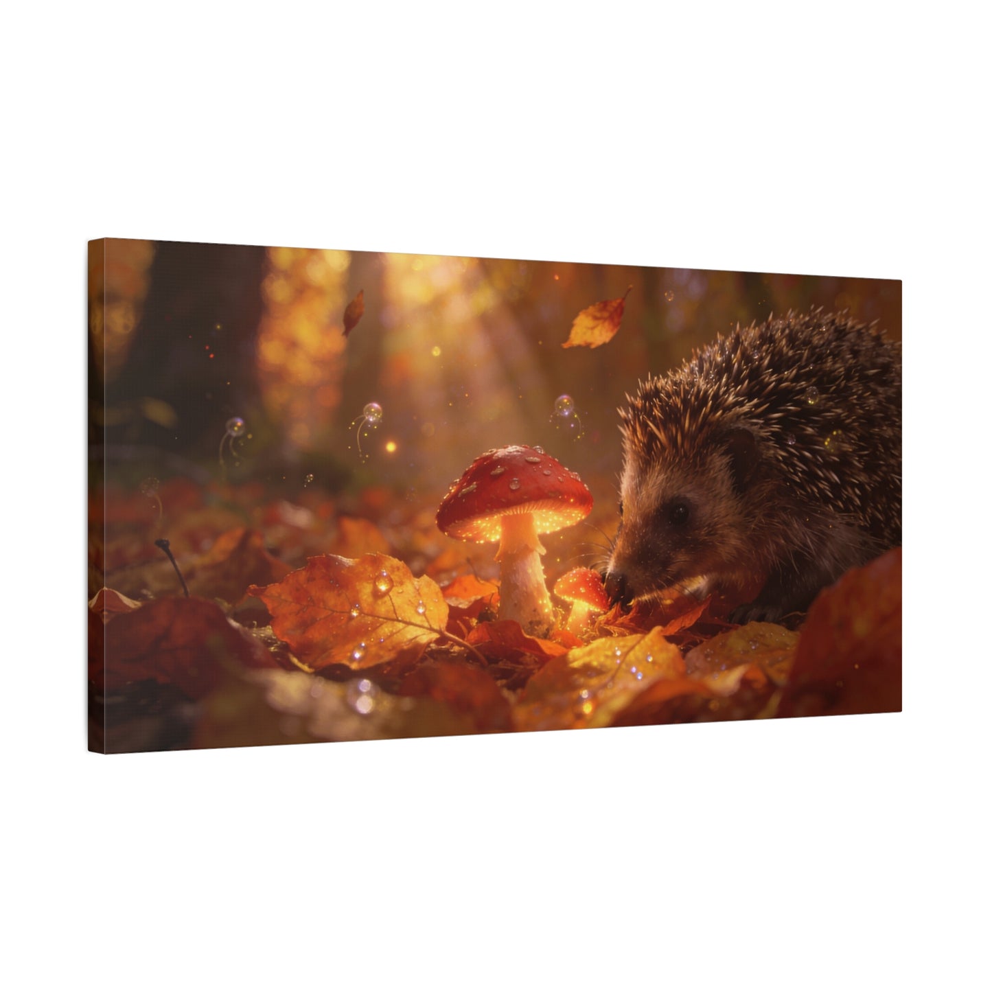 Hedgehog Mushroom Canvas Wall Art - Autumn Forest Wildlife Canvas Print, Glowing Red Toadstool, Warm Golden Light, Whimsical Nature Decor, Living Room Wall Decor, Bedroom Accent - Ready to Hang