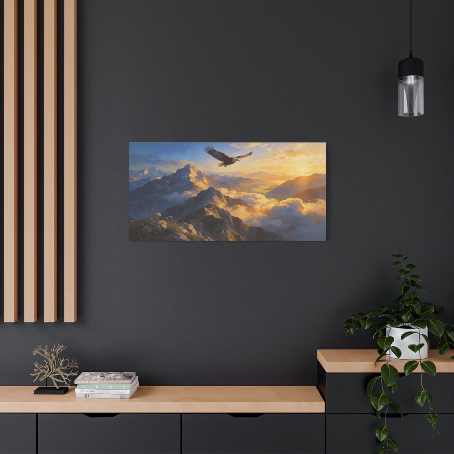Bald Eagle Canvas Wall Art Mountain Sunrise Landscape - Golden Sky Alpine Peaks, Dramatic Wildlife Vista - Matte Finish Canvas Print - Living Room Wall Decor, Office Art Accent - Ready to Hang