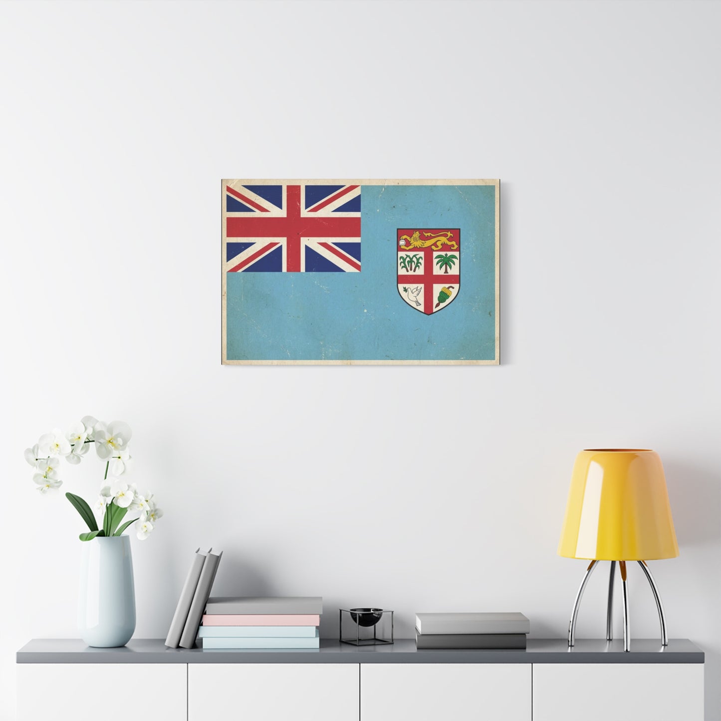 Vintage Fiji Flag Canvas Wall Art - Distressed British Ensign And Shield Print - Retro Patriotic Decor, Coastal Blue Island Style, Living Room Wall Decor, Office Art - Ready to Hang - Ready to Hang