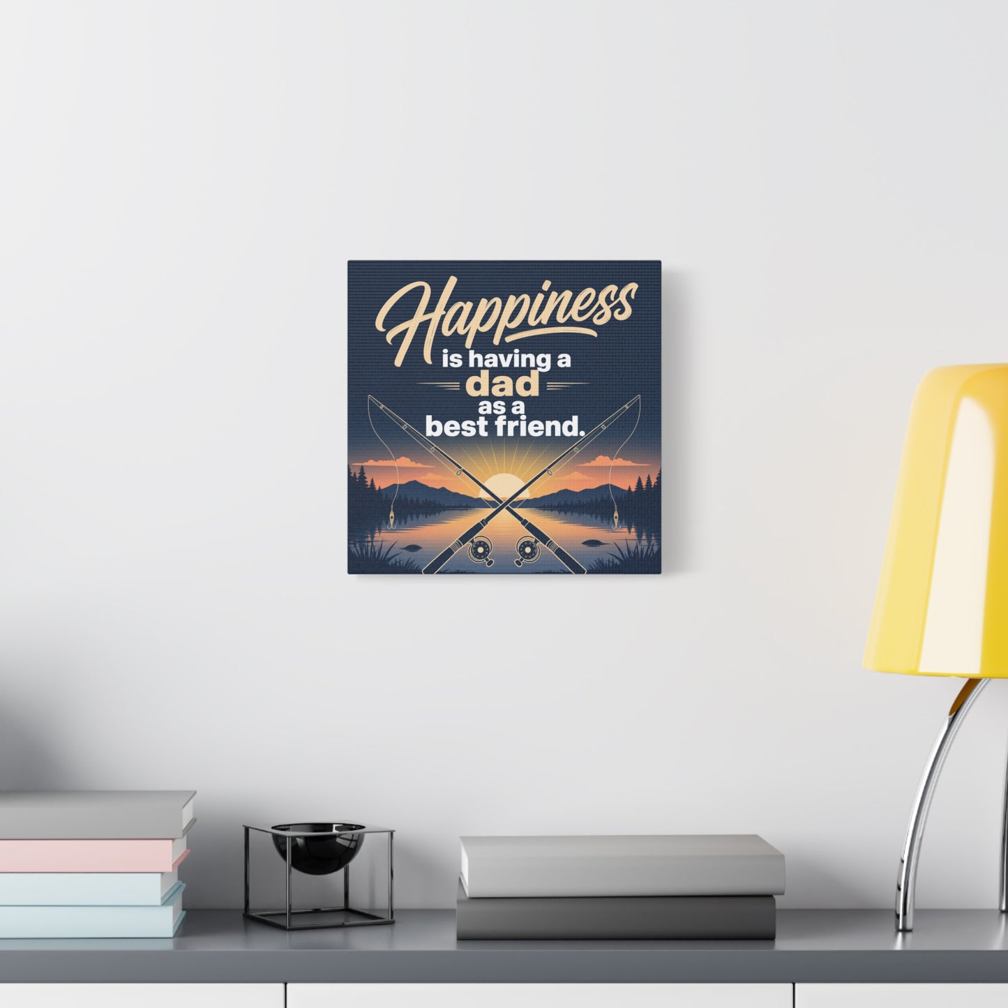 "Happiness Is Having A Dad As A Friend" Fishing Canvas Wall Art - Sunset Lake Quote Print - Rustic Typography Decor - Bedroom Home Decoration - Bedroom Home Decoration - Living Room Wall Decor