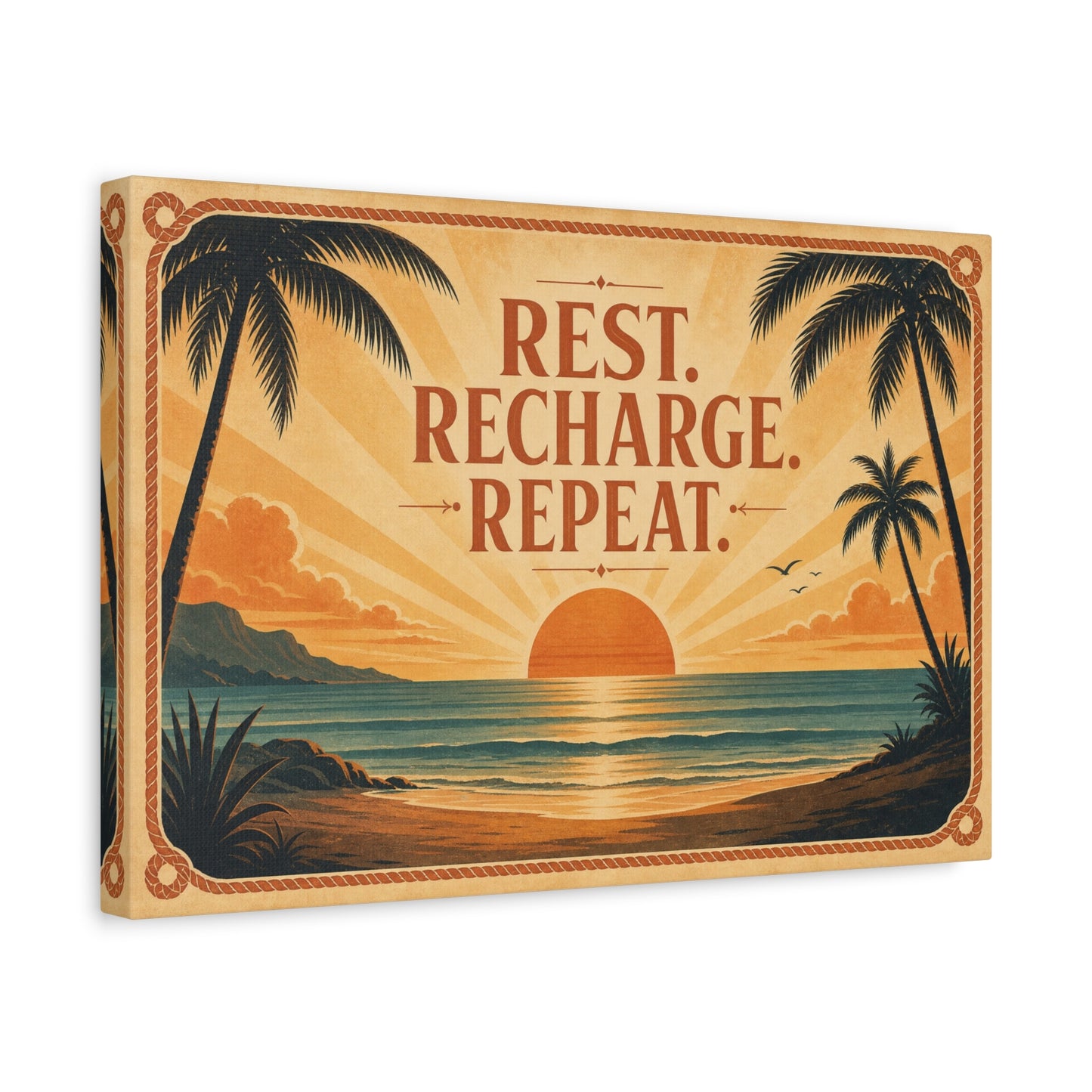 "Rest. Recharge. Repeat." Tropical Beach Sunset Canvas Wall Art - Vintage Coastal Typography, Retro Palm Tree Ocean Scene, Living Room Wall Decor, Bedroom Home Decoration - Bedroom Home Decoration