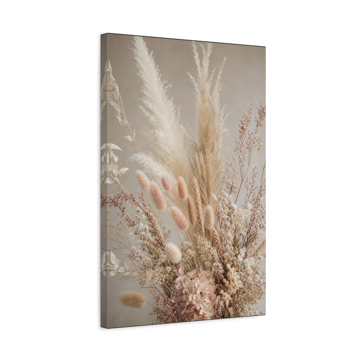 Dried Pampas Grass Floral Canvas Wall Art - Neutral Botanical Bouquet, Blush Bunny Tail Stems, Cotton Canvas Print - Bohemian Farmhouse Style - Bedroom Wall Decor, Spa Accent - Bedroom Home Decoration