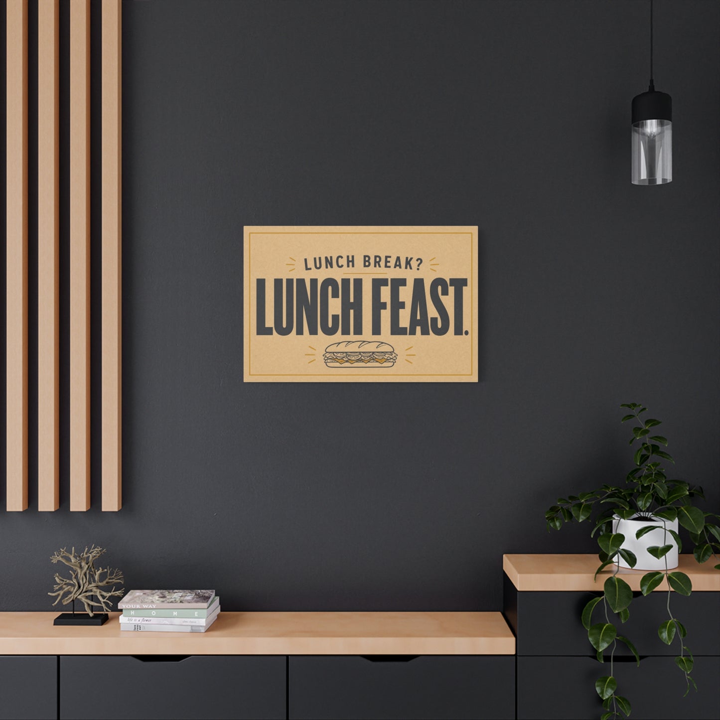 "Lunch Break Lunch Feast." Typography Canvas Wall Art - Vintage Humor Decor - Retro Deli Sandwich Illustration - Farmhouse Accent - Office Breakroom Wall Hanging - Ready to Hang - Sandwich Shop Sign