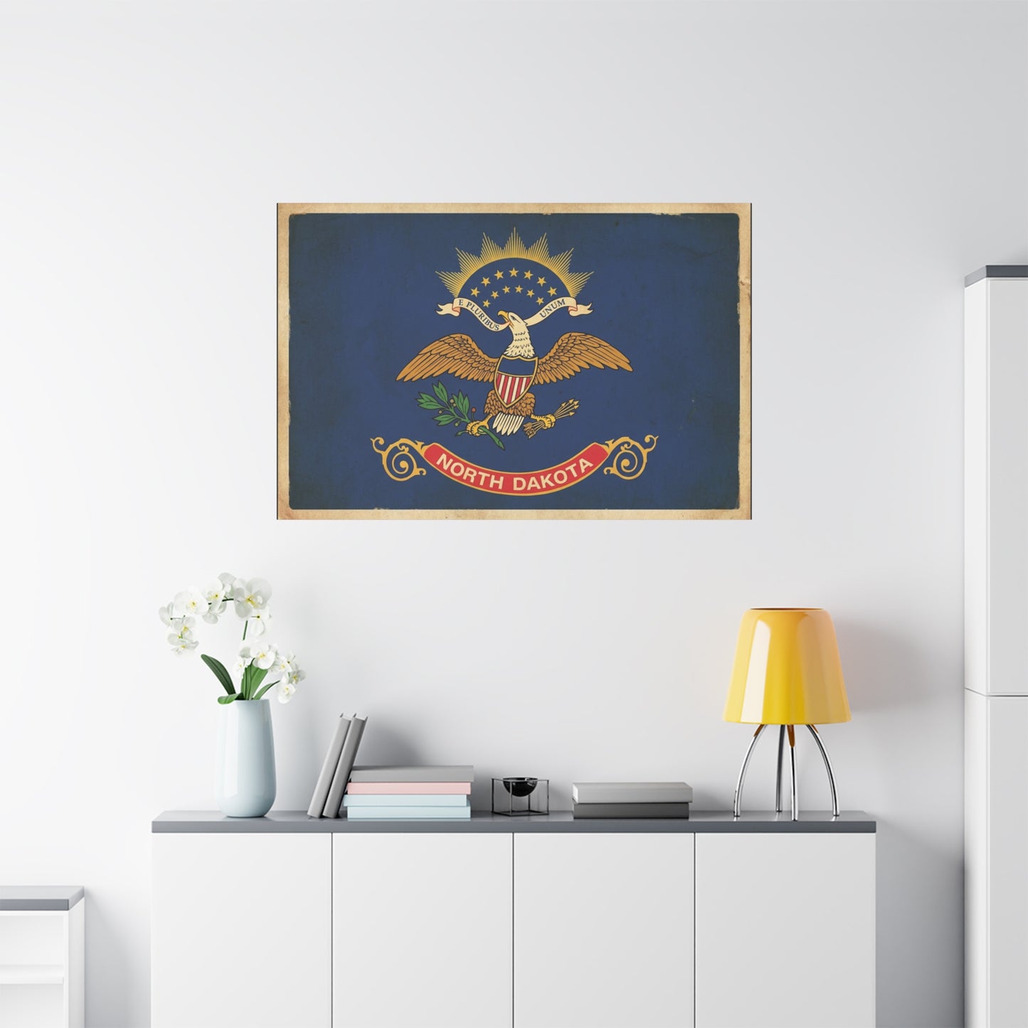 North Dakota Flag Canvas Wall Art - E Pluribus Unum Vintage State Banner Print - Patriotic Blue Eagle Emblem Decor - Rustic Americana Style - Ready to Hang - Living Room Wall Decor - Ready to Hang