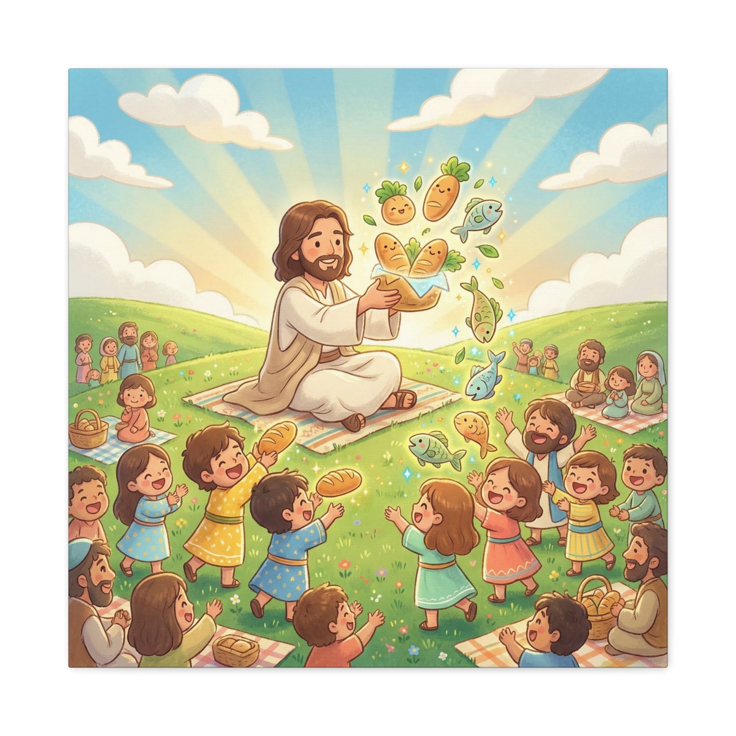 Jesus Feeding Multitude Canvas Wall Art - Loaves And Fish Bible Scene, Christian Nursery Decor - Matte Cotton Print, Kids Room Wall Decor, Sunday School Classroom - Bedroom Home Decoration