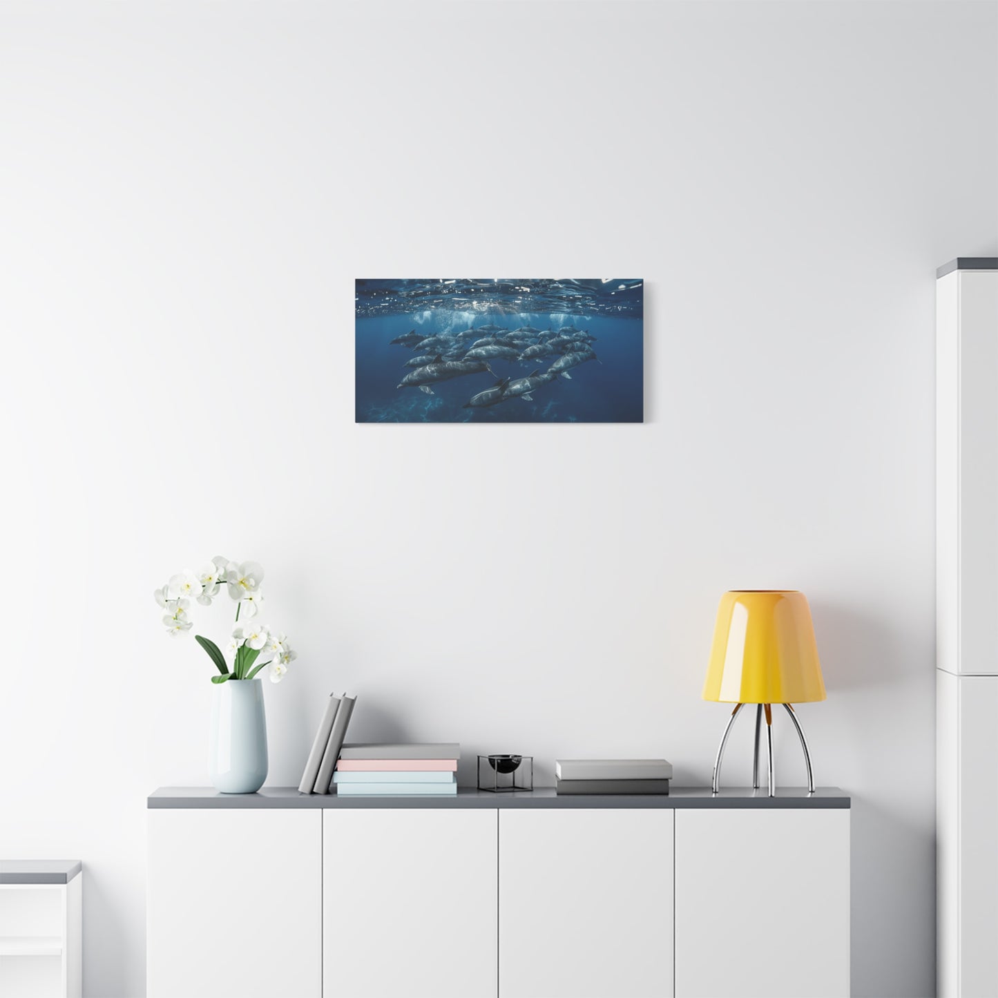 Dolphin Pod Canvas Wall Art - Underwater Ocean Art Print, Blue Marine Wildlife Decor - Matte Coastal Style - Living Room Wall Decor, Bedroom Home Decoration - Bedroom Home Decoration
